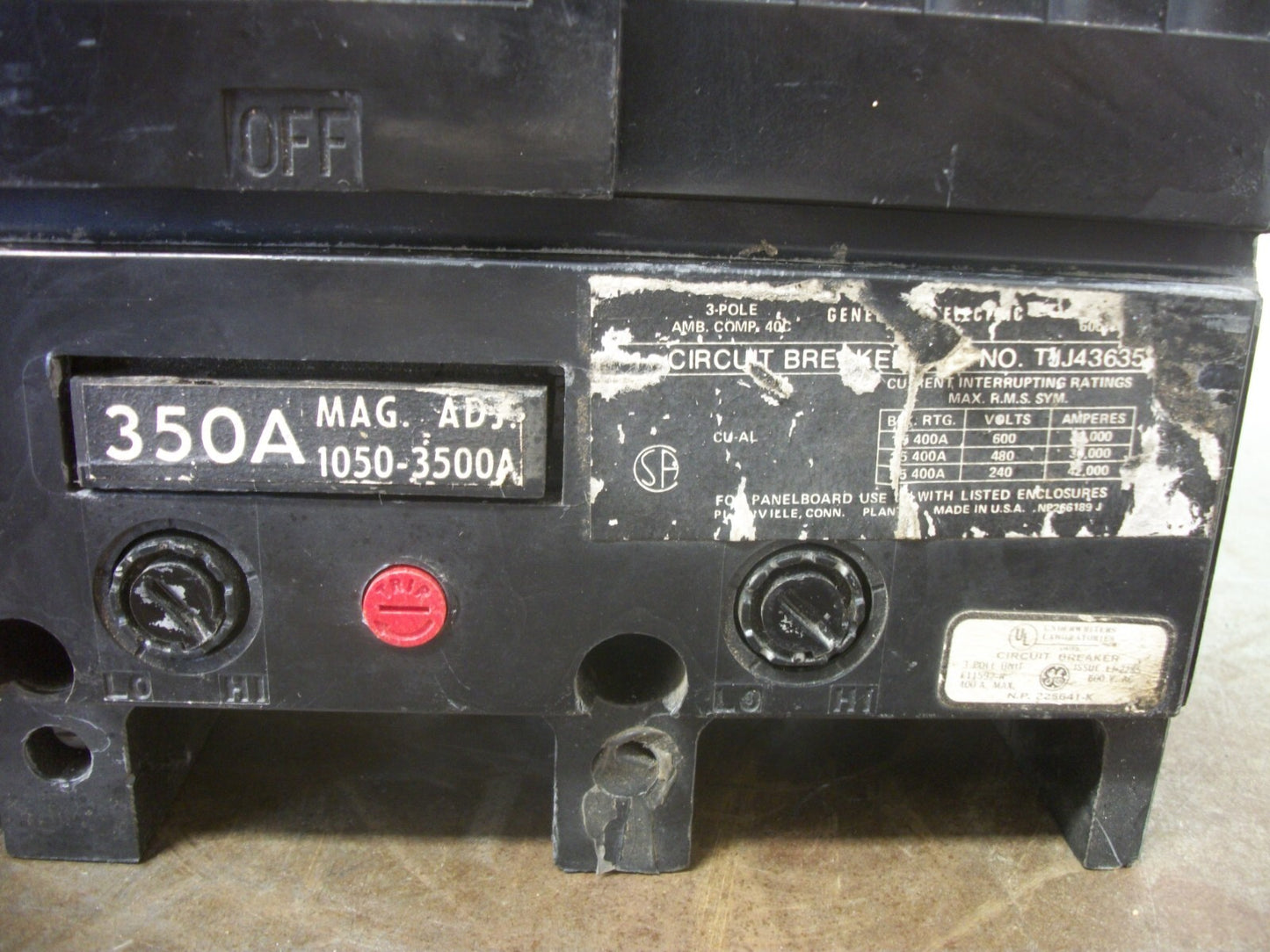 GE TJJ CIRCUIT BREAKER TJJ436350 350AMP 600VOLT 3POLE