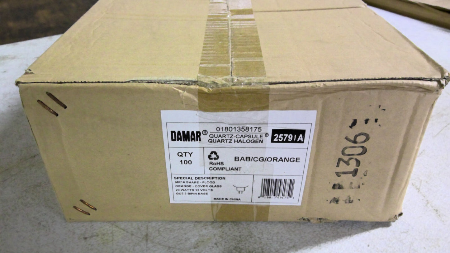 DAMAR 25791A BOX OF 100 MR16 FLOOD ORANGE QUARTZ HALOGEN BULBS BAB/CG/ORANGE NIB