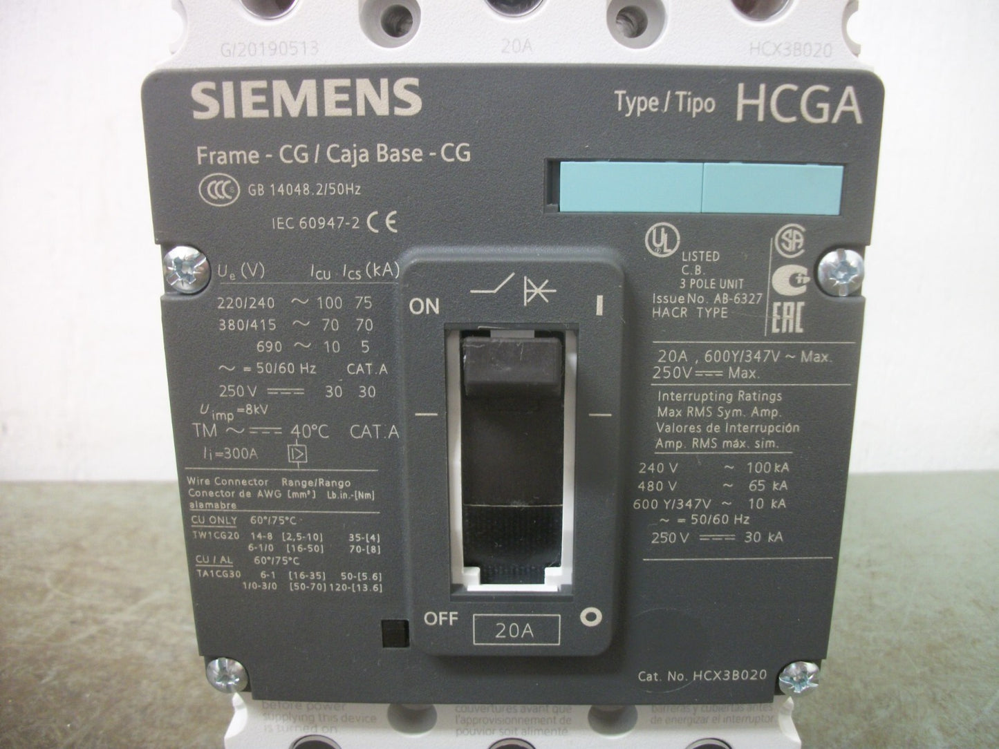 SIEMENS HCGA CIRCUIT BREAKER HCX3B020 20AMP 480VOLT 3POLE