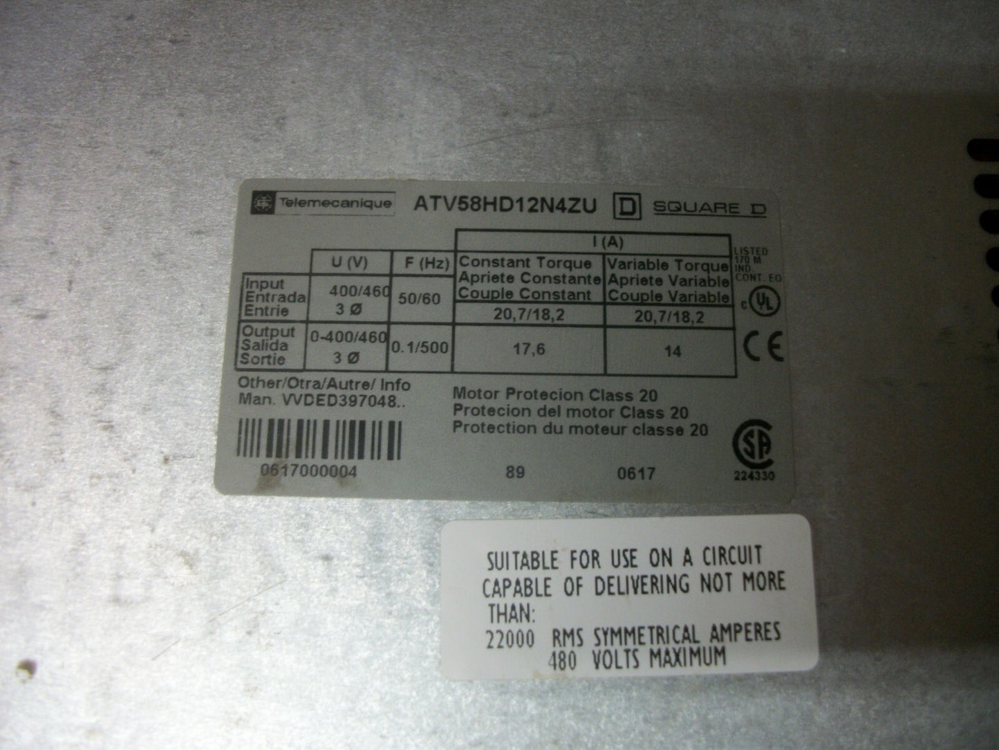 TELEMECANIQUE ALTIVAR 58 TRX AC DRIVE ATV58HD12N4ZU 460VOLT 3PH 17.6AMP