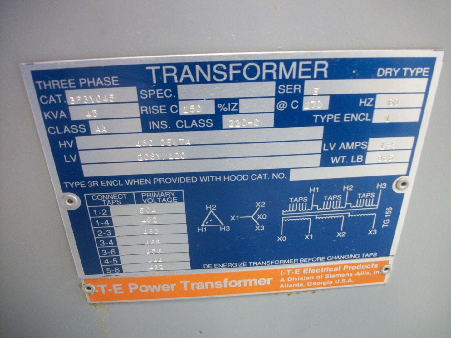 SIEMENS ITE 45KVA 3PH TRANSFORMER 3F3Y045 HV 480D LV 208Y/120