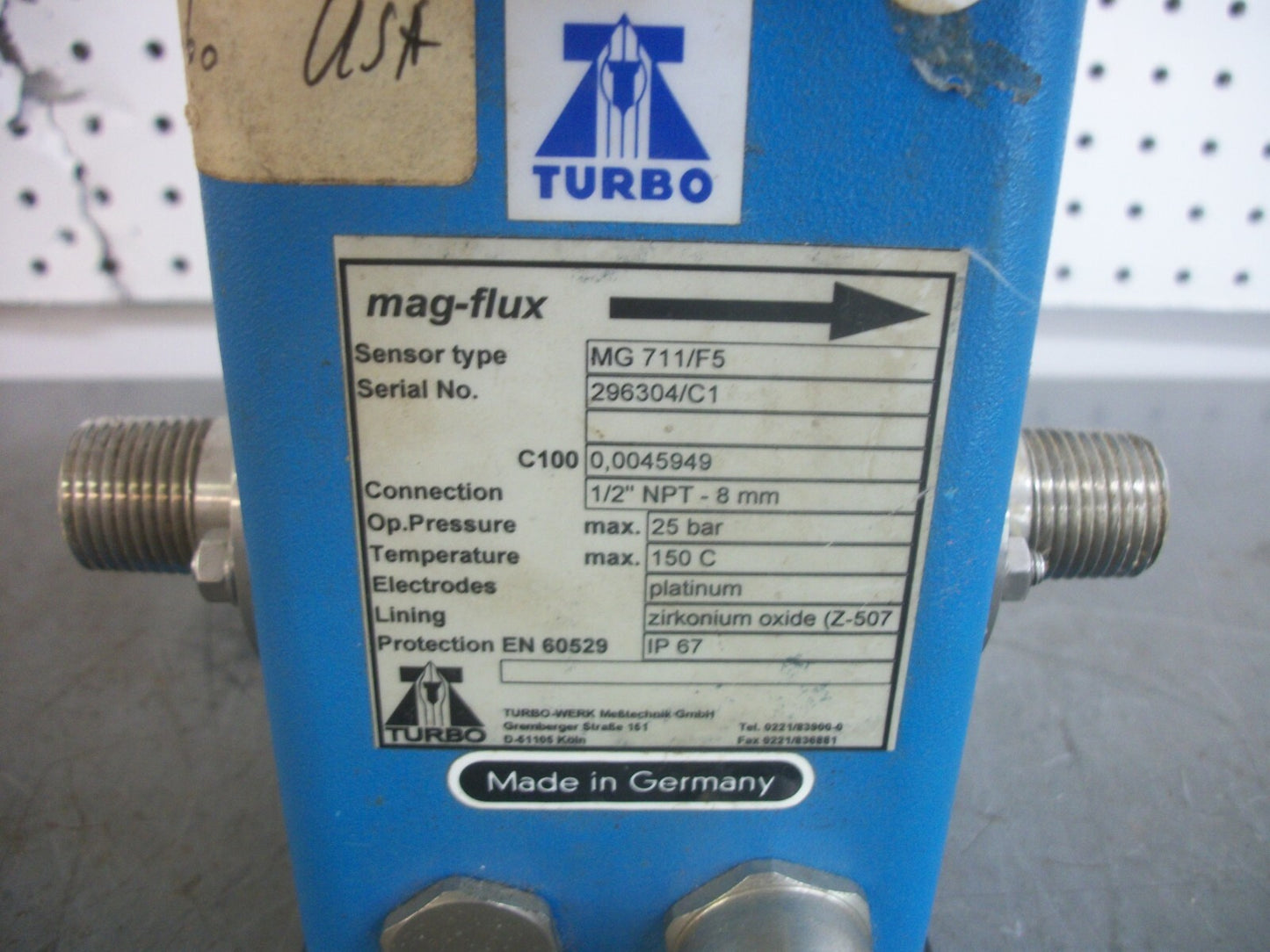 TURBO WERK 1/2" NPT MAG-FLUX TUBE FLOW SENSOR MG711/F5 25 BAR 150 DEG C