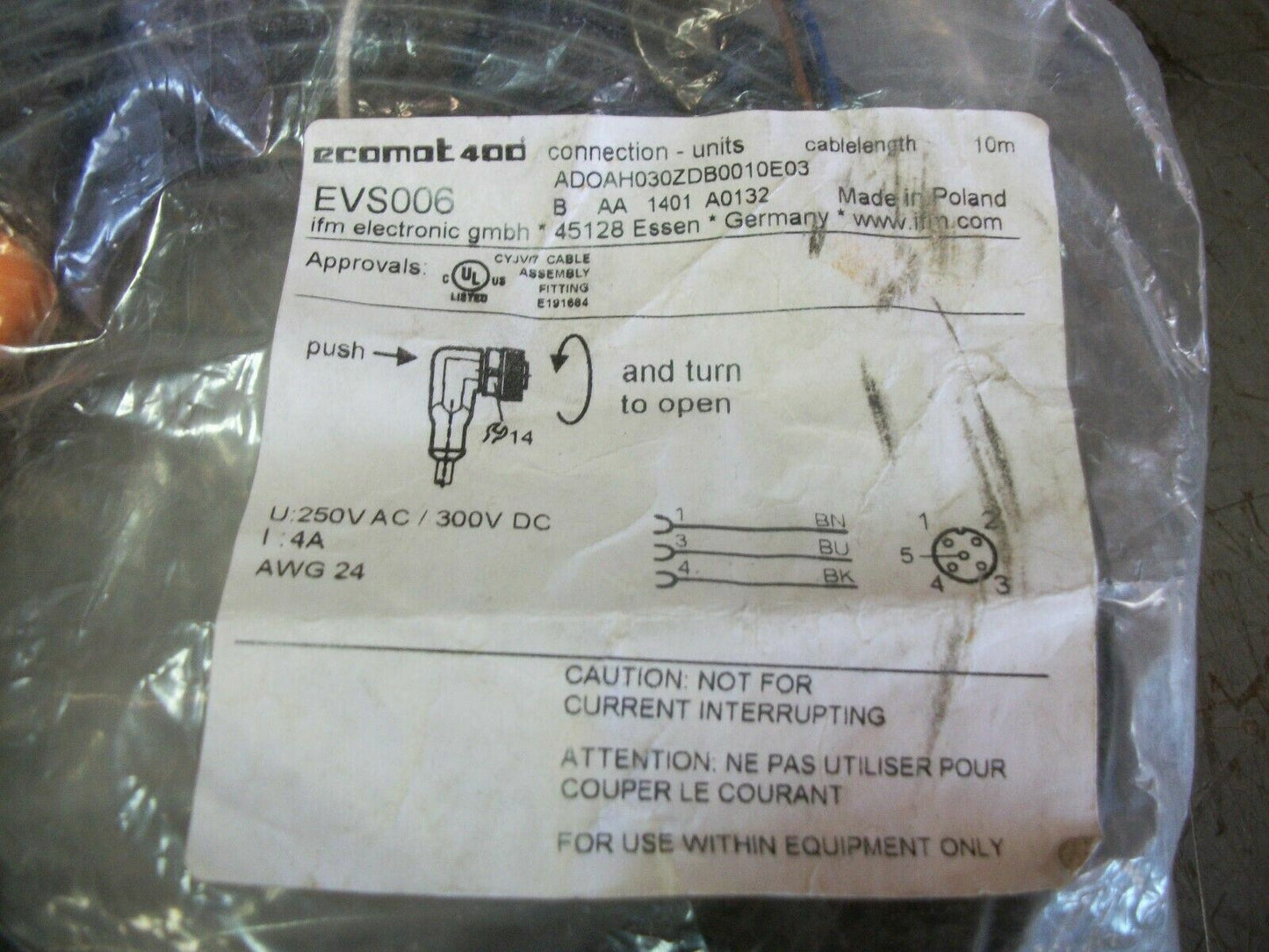 IFM EFECTOR 10METER CORDSET EVS006 AWG 24 250VOLT 4AMP NEW