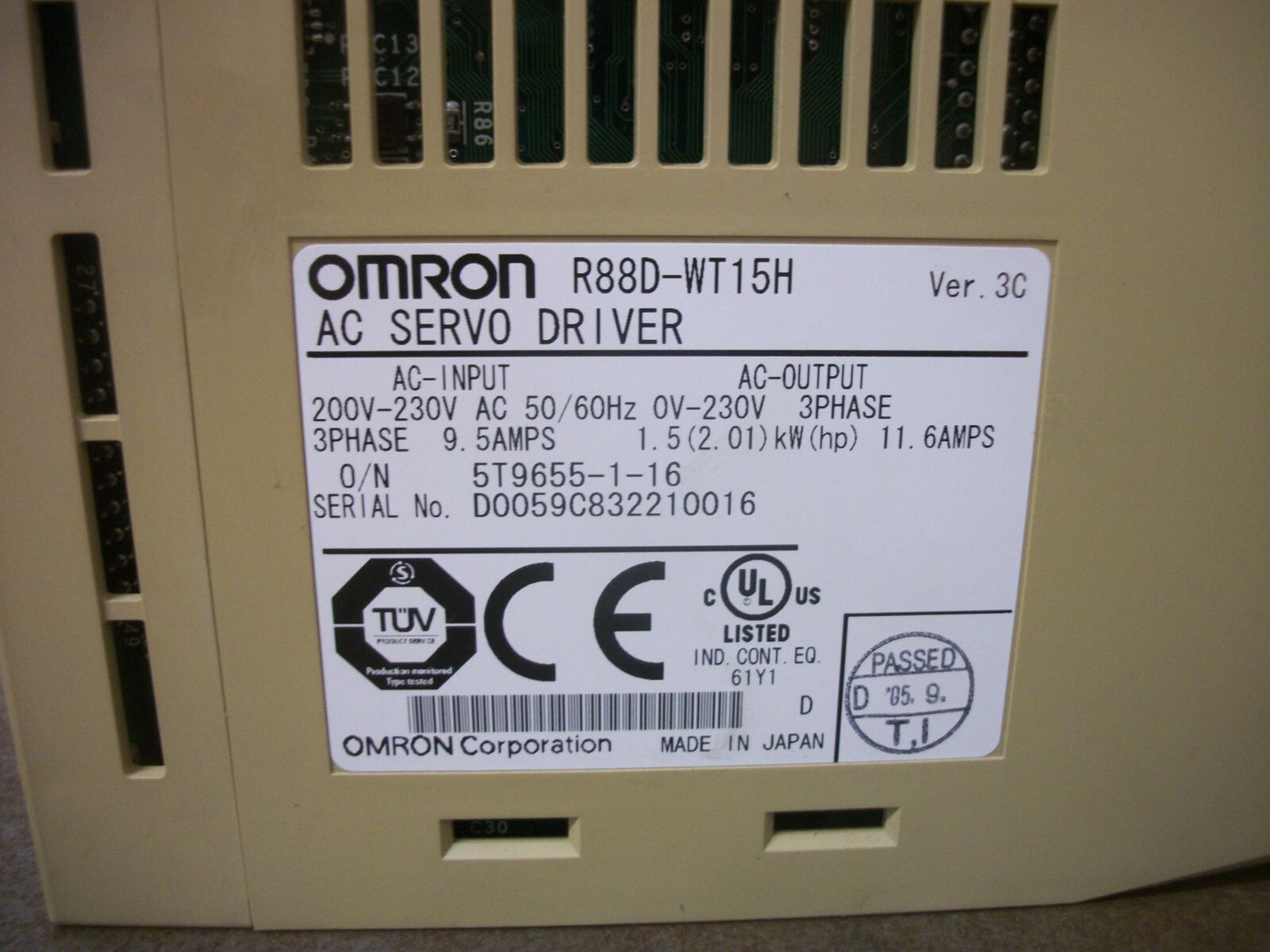 OMRON 2.01HP AC SERVO DRIVE R88D-WT15H 230VOLT 3PH 11.6AMP