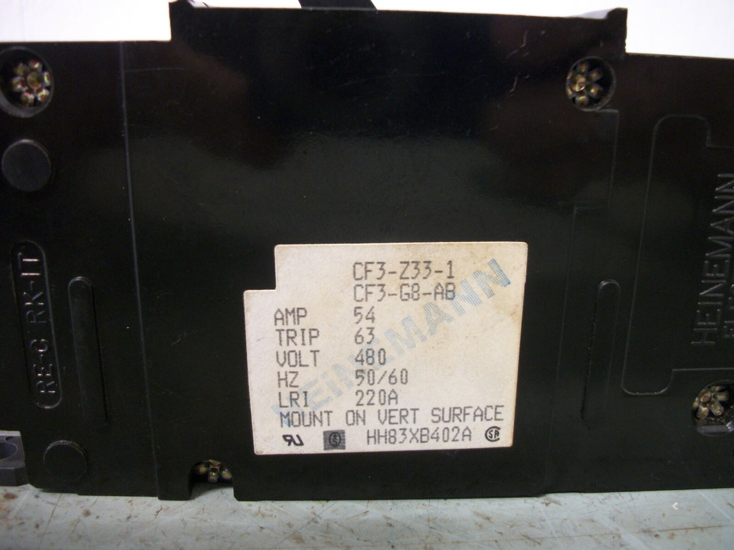 HEINEMANN CF3-233-1 CIRCUIT BREAKER CF3-G8-AB 54AMP 480VOLT 3POLE NOB