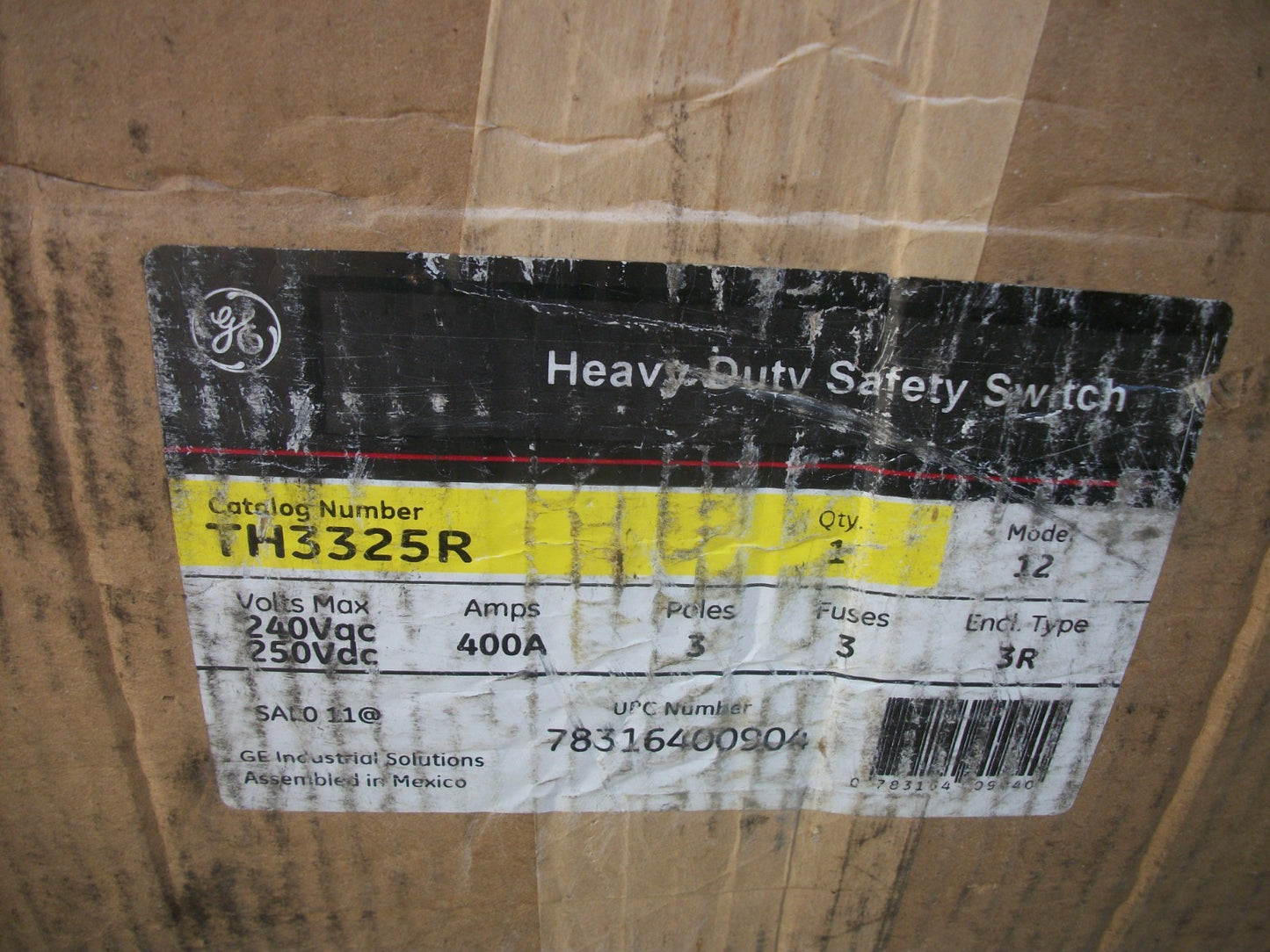 GE DISCONNECT TYPE 3R TH3325R 400AMP 240VOLT 3POLE FUSIBLE NIB