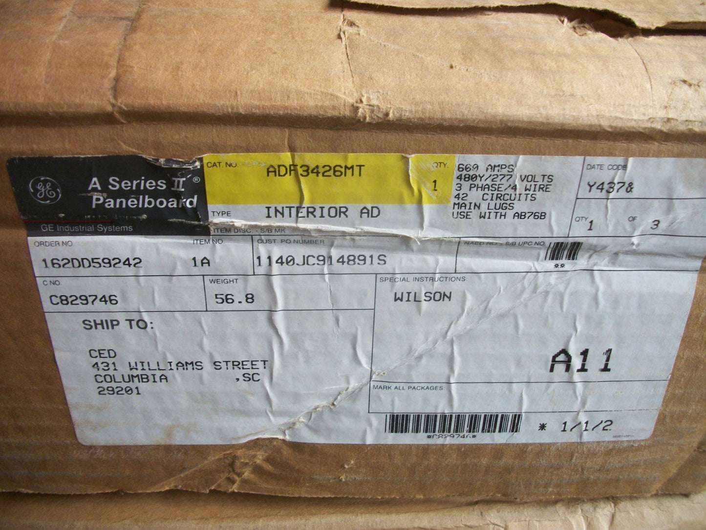 GE A-SERIES II PANELBOARD INTERIOR ADF3426MT 600AMP 480Y/277VOLT 3PH 4W NIB