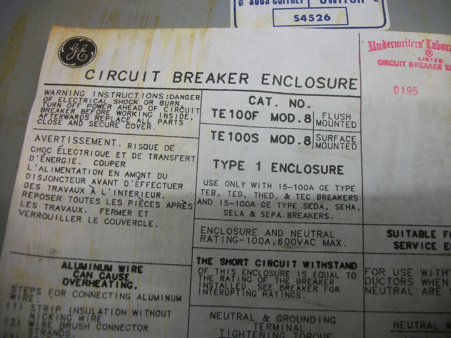 GE CIRCUIT BREAKER ENCLOSURE ONLY TYPE 1 TE100S 100AMP 600VOLT