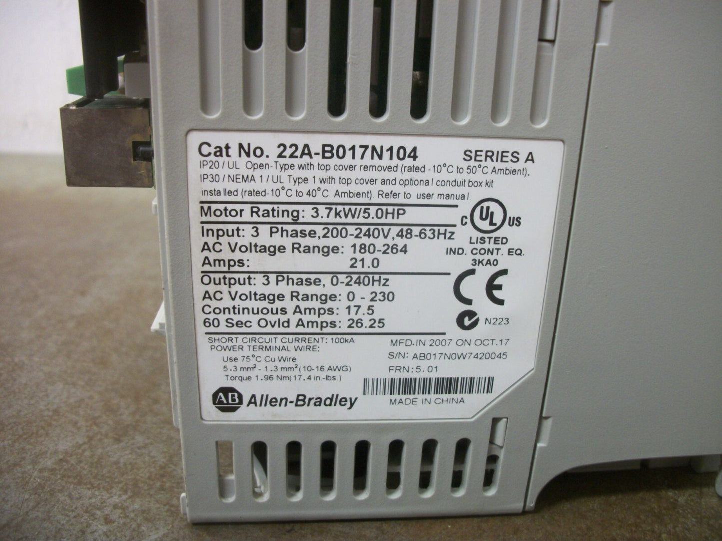 ALLEN-BRADLEY POWERFLEX 4 5HP AC DRIVE 22A-B017N104 230VOLT 3PH 17.5AMP NO COVER