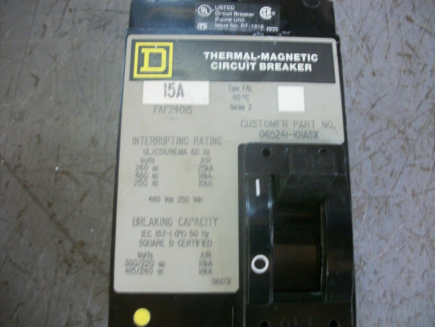 SQUARE D FAF CIRCUIT BREAKER FAF24015 15AMP 240VOLT 2POLE GRAY