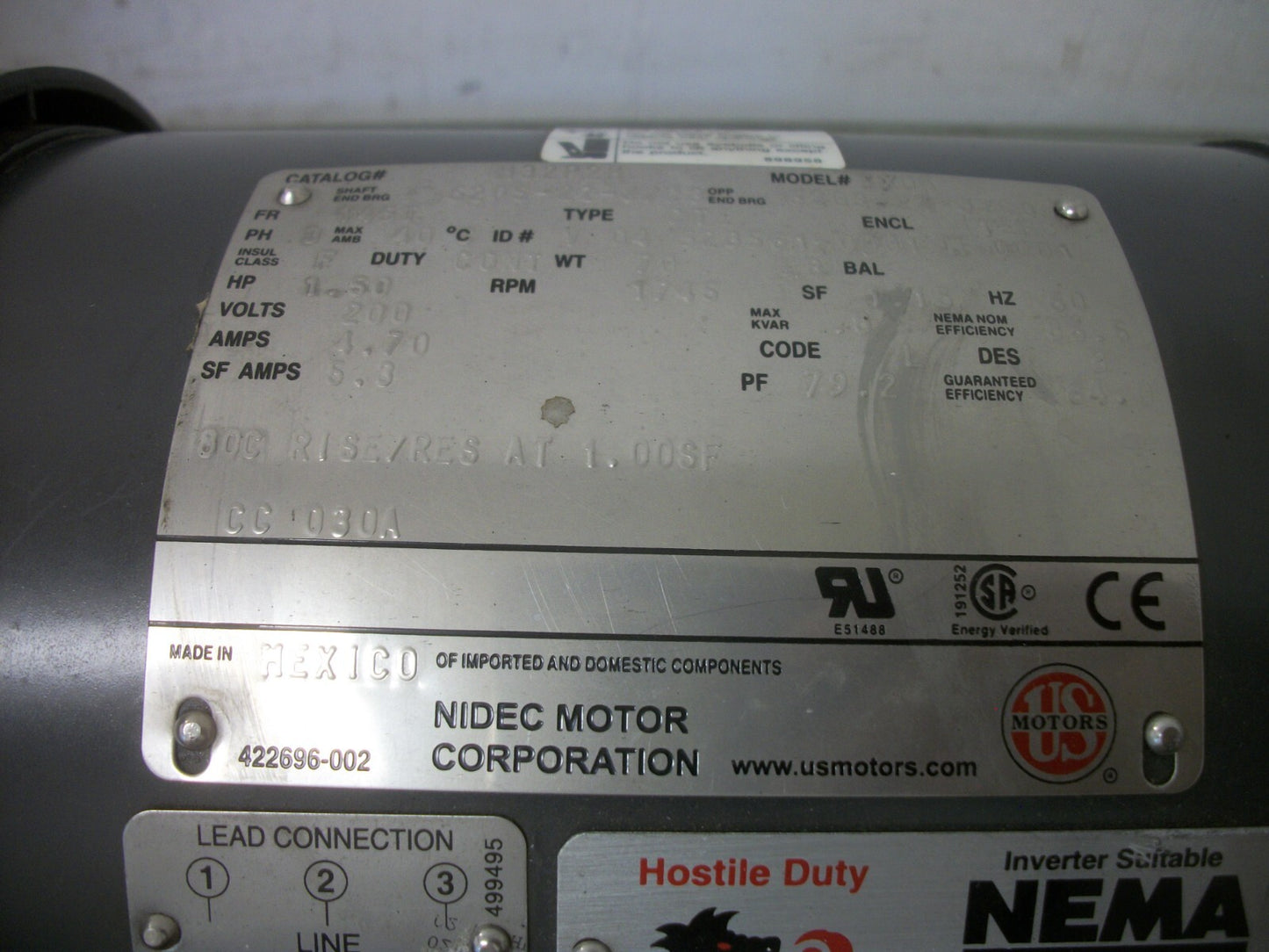 NIDEC CORP 1.5HP 145TC TEFC AC MOTOR H32P2H 200VOLT 3PH 1745RPM NOB