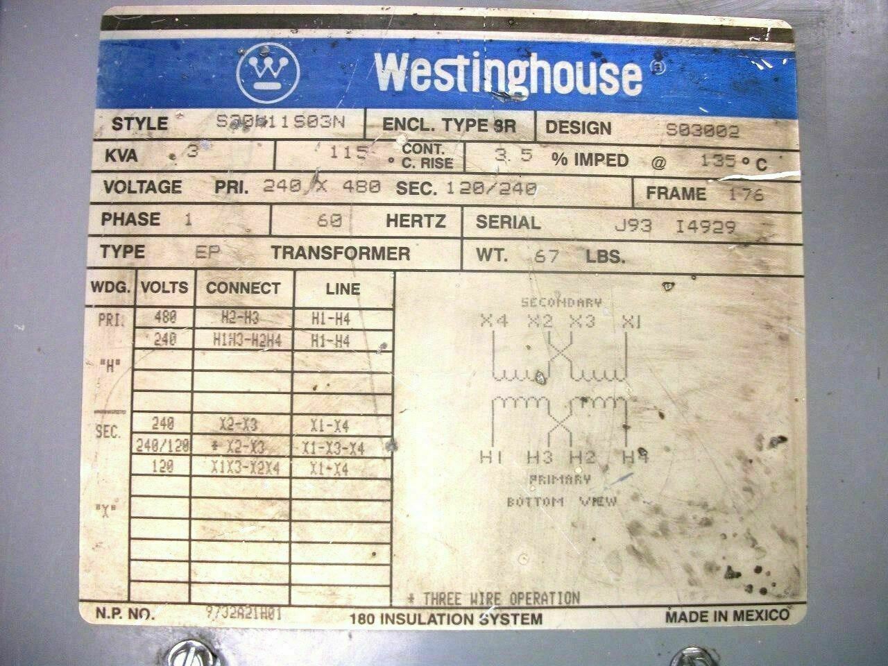 WESTINGHOUSE 3KVA 1PH TRANSFORMER TYPE 3R S20K11S03N HV 240X480 LV 120/240