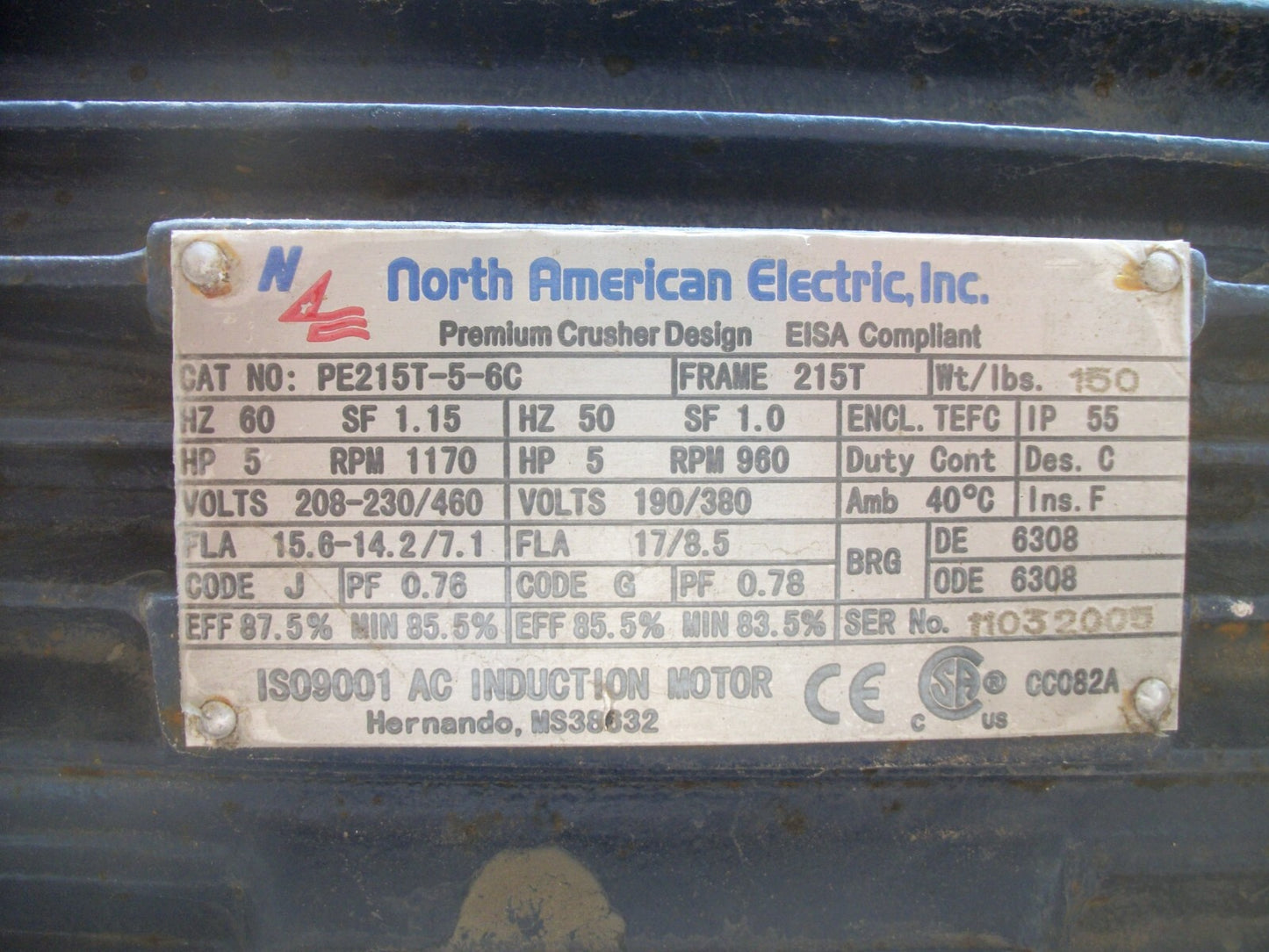 NORTH AMERICAN 5HP 215T TEFC AC MOTOR PE215T-5-6C 460VOLT 3PH 1170RPM NEW