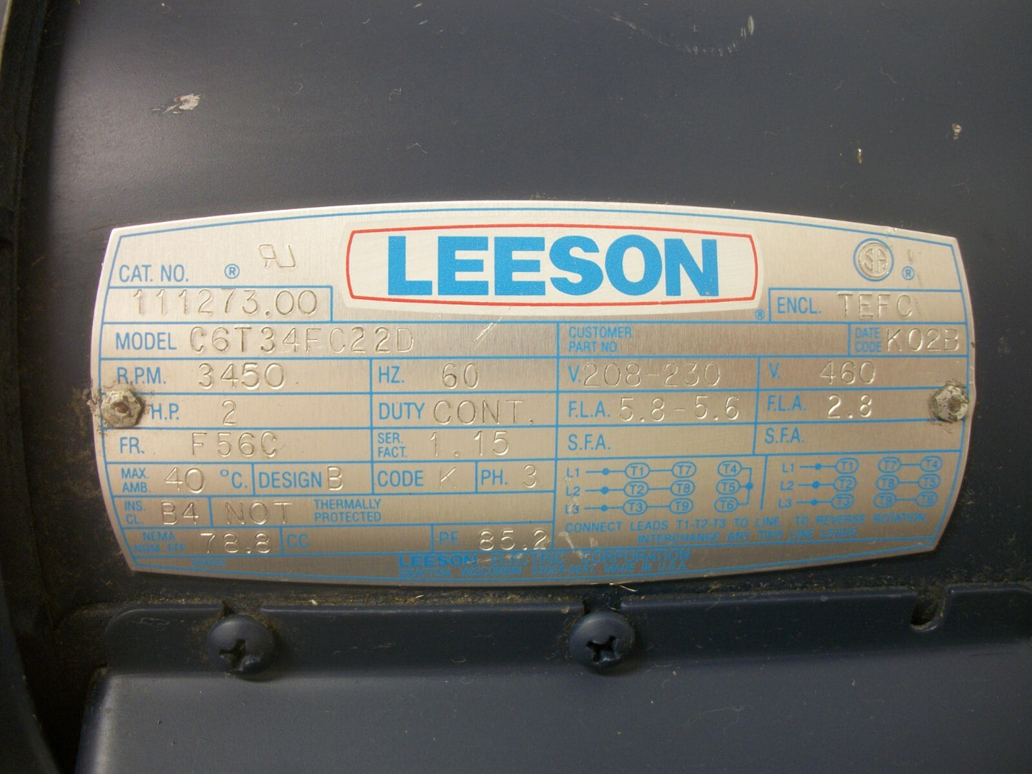 LEESON 2HP F56C TEFC AC MOTOR 111273.00 460VOLT 3PH 3450RPM NOB