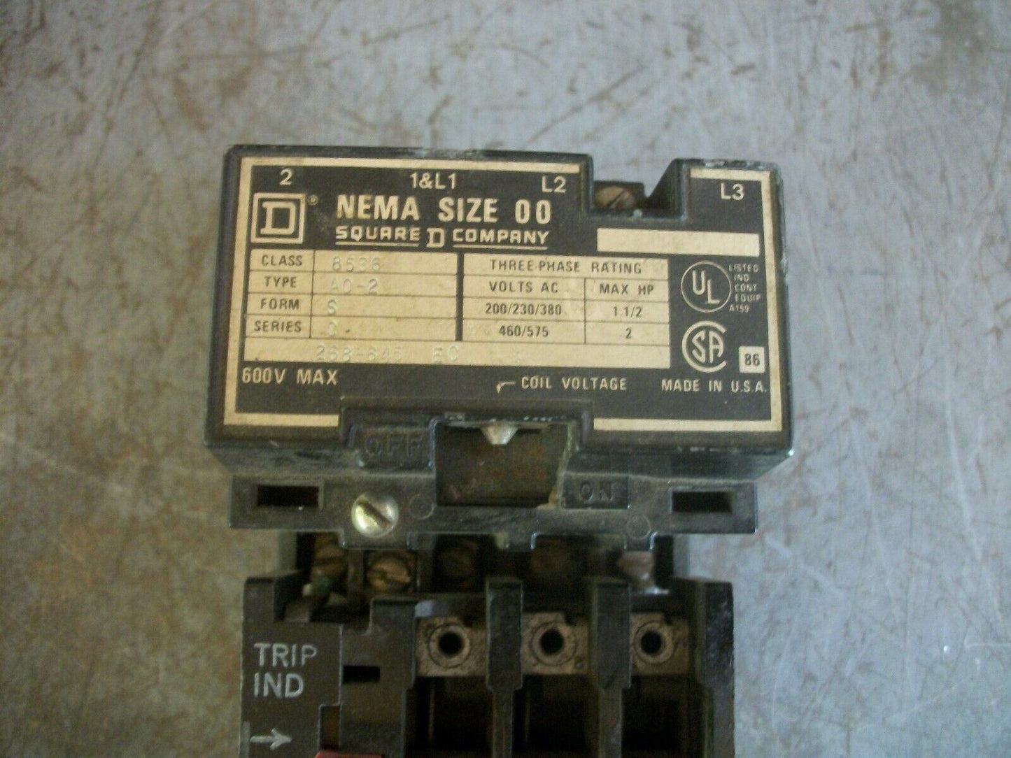 SQUARE D SIZE 00 MOTOR STARTER 8536A02 120VCOIL 3PH 600V 2HP