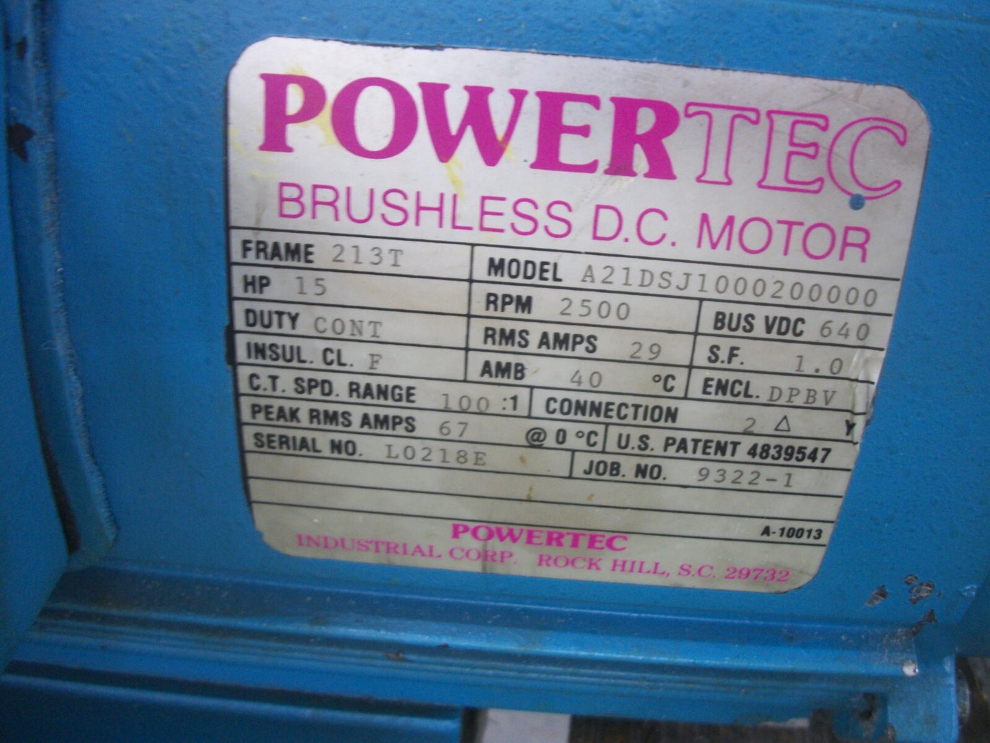 POWERTEC 15HP 213T DPBV BRUSHLESS DC MOTOR A21DSJ1000200000 640VDC 2500RPM