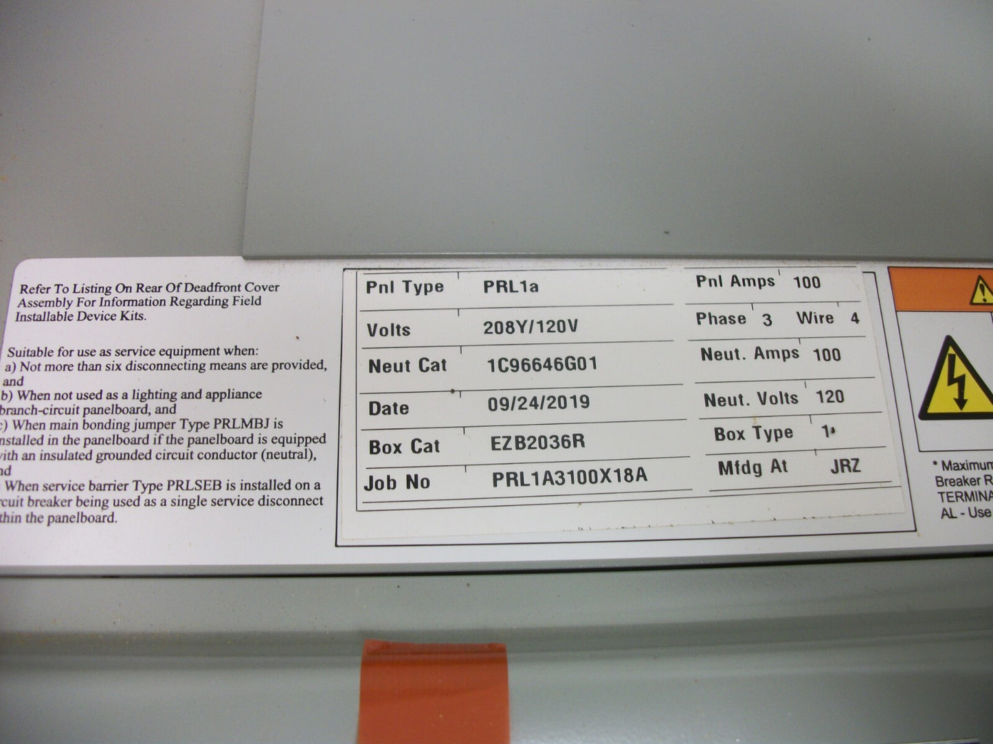 CUTLER-HAMMER PRL1A LOAD CENTER PANELBOARD EZB2036R 100AMP 208Y/120VOLT 3PH 4W