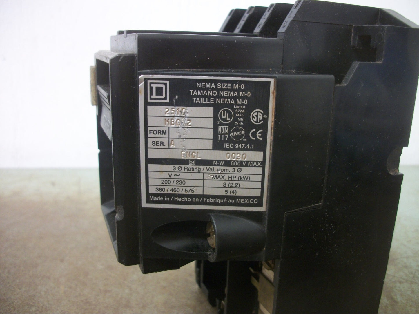 SQUARE D SIZE M-0 MANUAL STARTER 2510MBG2 3PH 600V 5HP