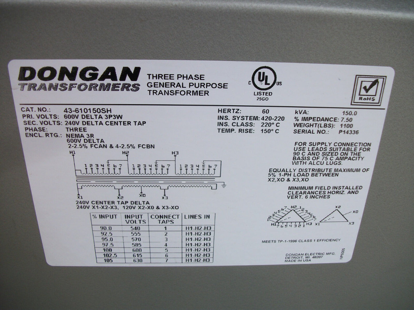 DONGAN 150KVA 3PH TRANSFORMER 3R 43-610150SH HV 600D 3P3W LV 240D