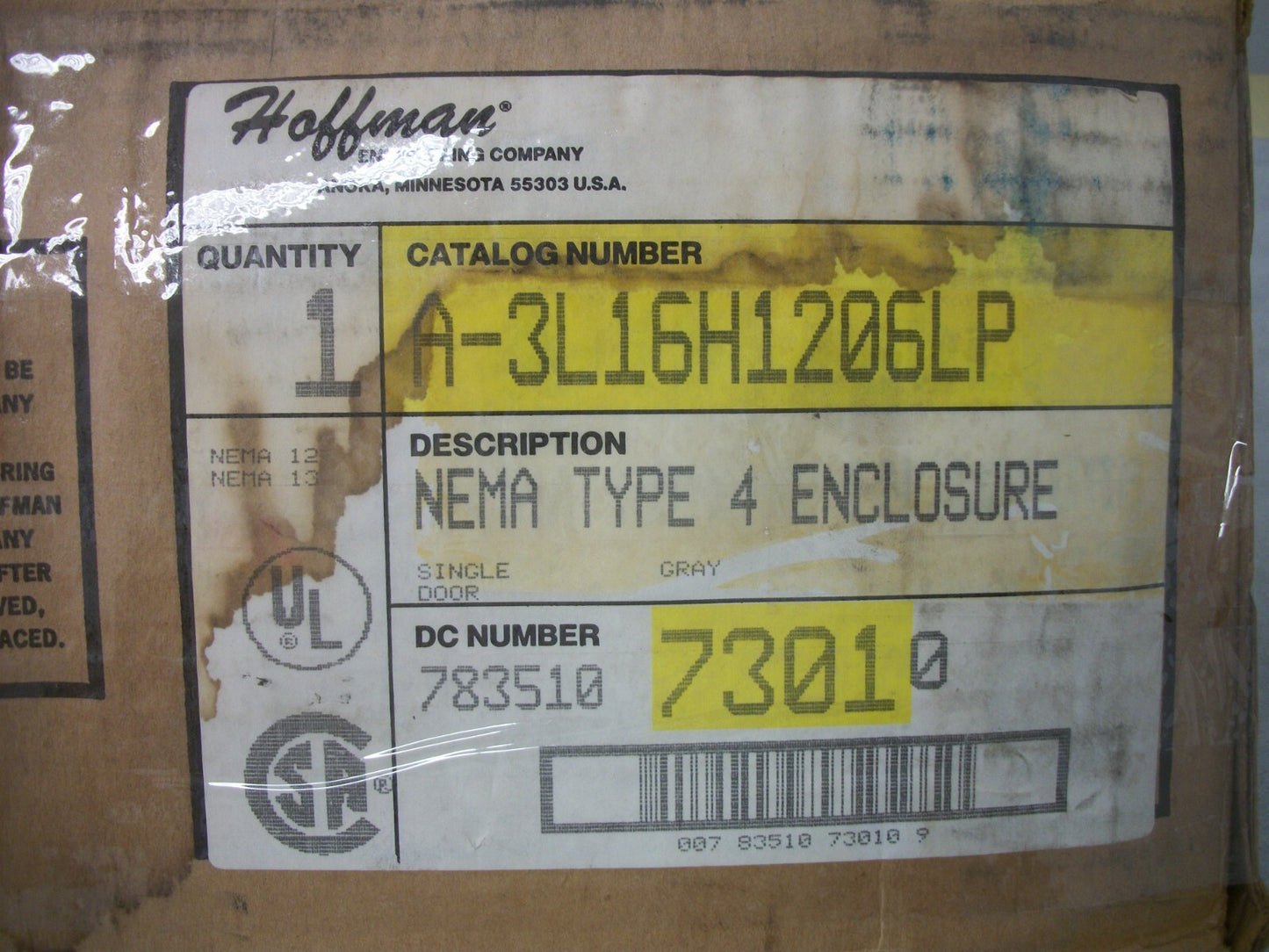 HOFFMAN 16 X 12 X 6 TYPE 4 ENCLOSURE A-3L16H1206LP NIB