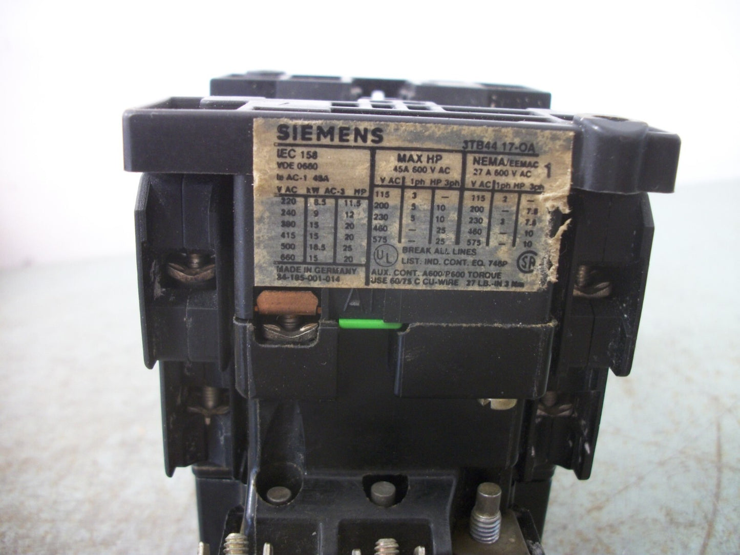 SIEMENS CONTACTOR 3TB44-17-0A 45AMP 120VCOIL 3PH 600V 25HP