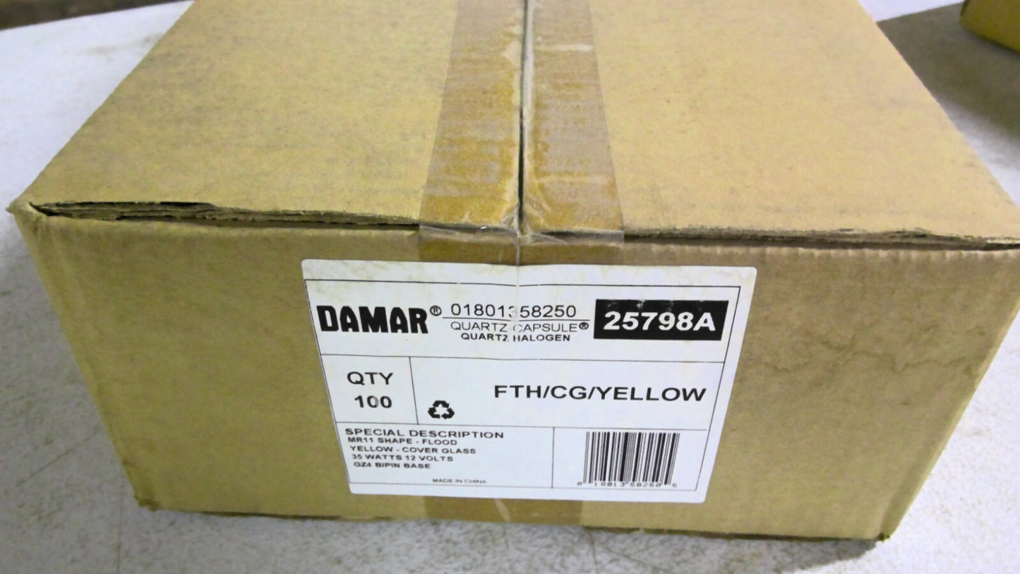 DAMAR 25798A BOX OF 100 MR11 FLOOD YELLOW QUARTZ HALOGEN BULBS FTH/CG/YELLOW NIB