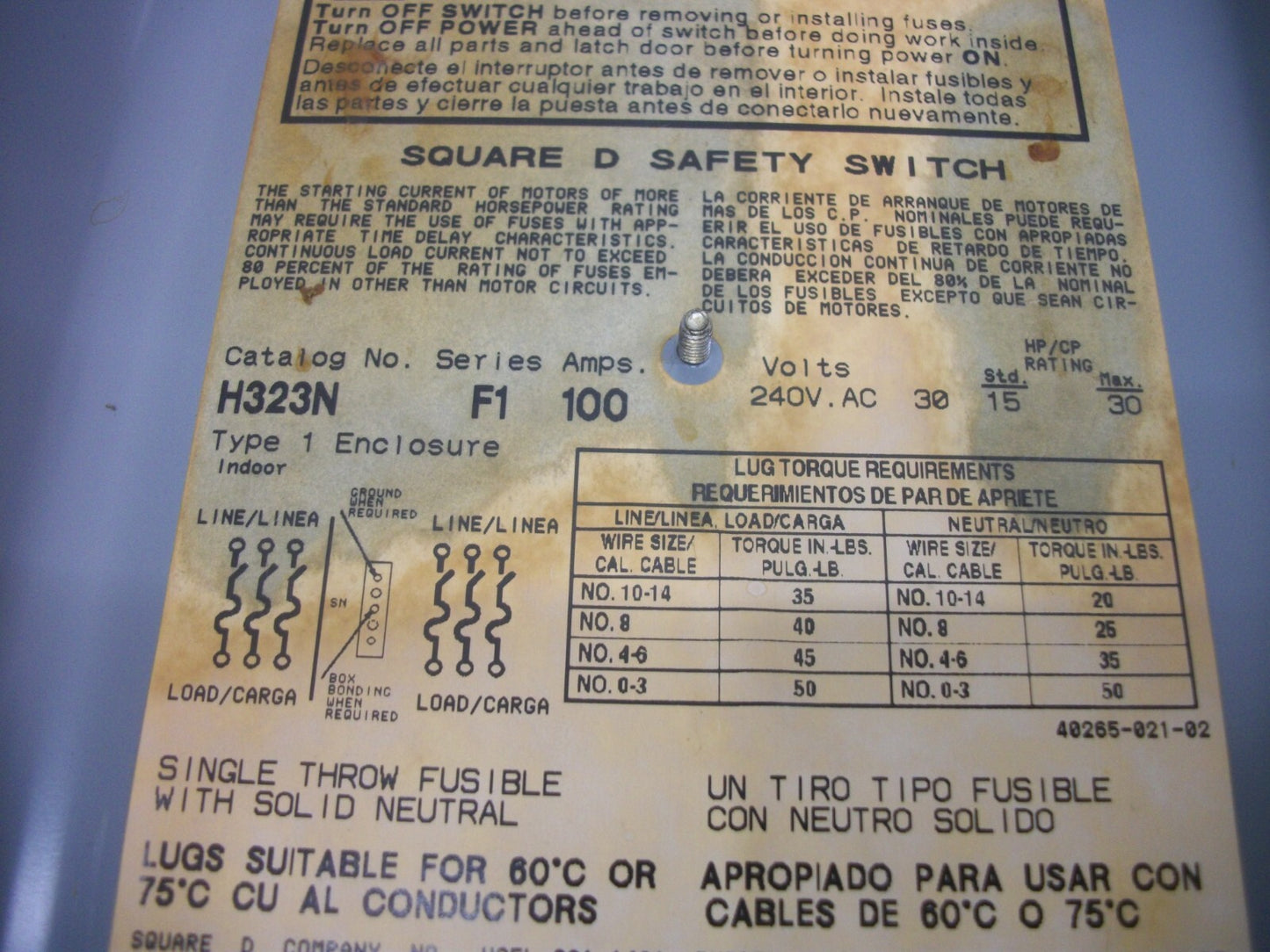 SQUARE D DISCONNECT TYPE 1 H323N 100AMP 240VOLT 3POLE FUSIBLE