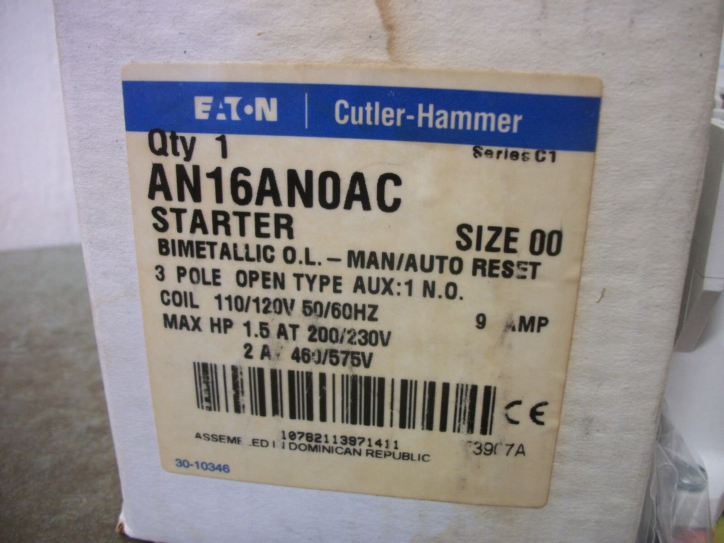 CUTLER-HAMMER SIZE 00 MOTOR STARTER AN16AN0AC 9AMP 120VCOIL 3PH 600V 2HP NIB