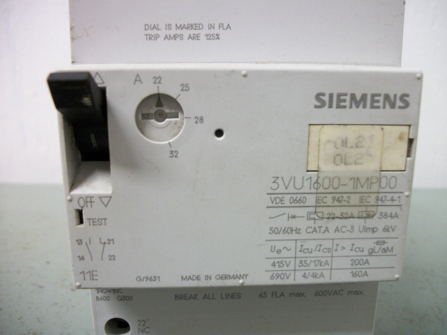 SIEMENS MOTOR CIRCUIT BREAKER 3VU1600-1MP00 22-32AMP