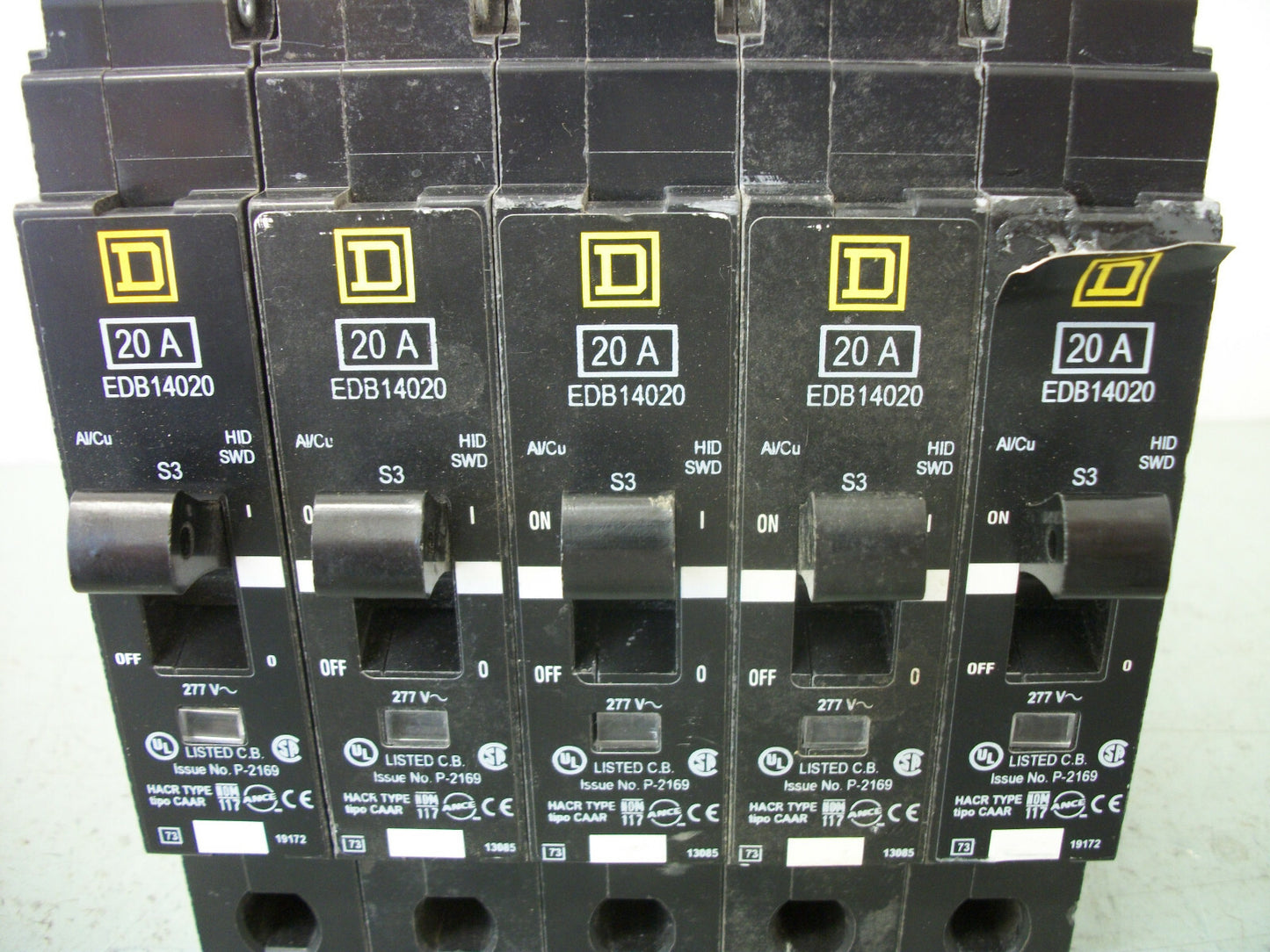SQUARE D LOT OF 5 EDB CIRCUIT BREAKERS EDB14020 20AMP 277VOLT 1POLE
