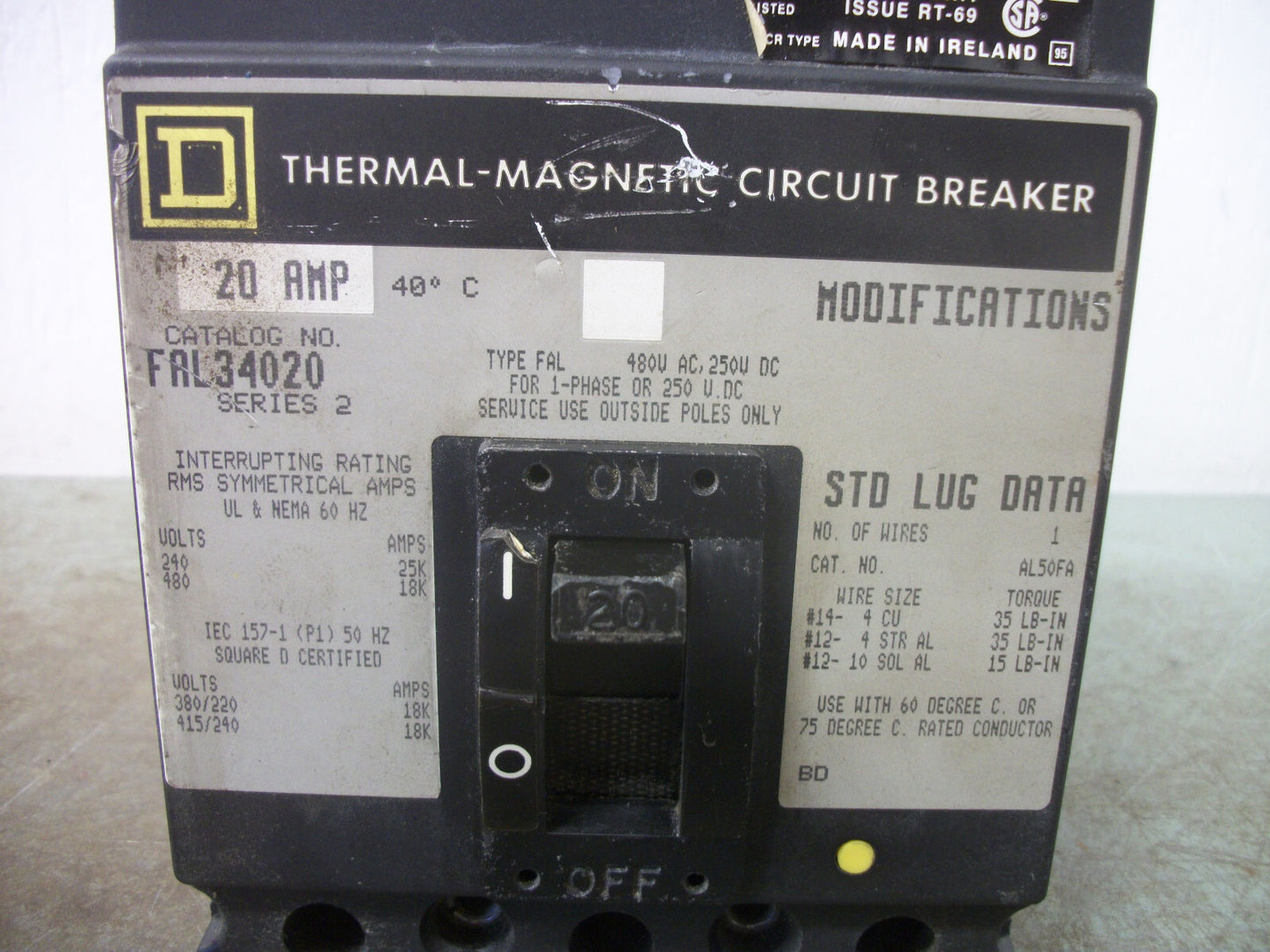 SQUARE D FAL CIRCUIT BREAKER FAL34020 20AMP 480VOLT 3POLE GRAY