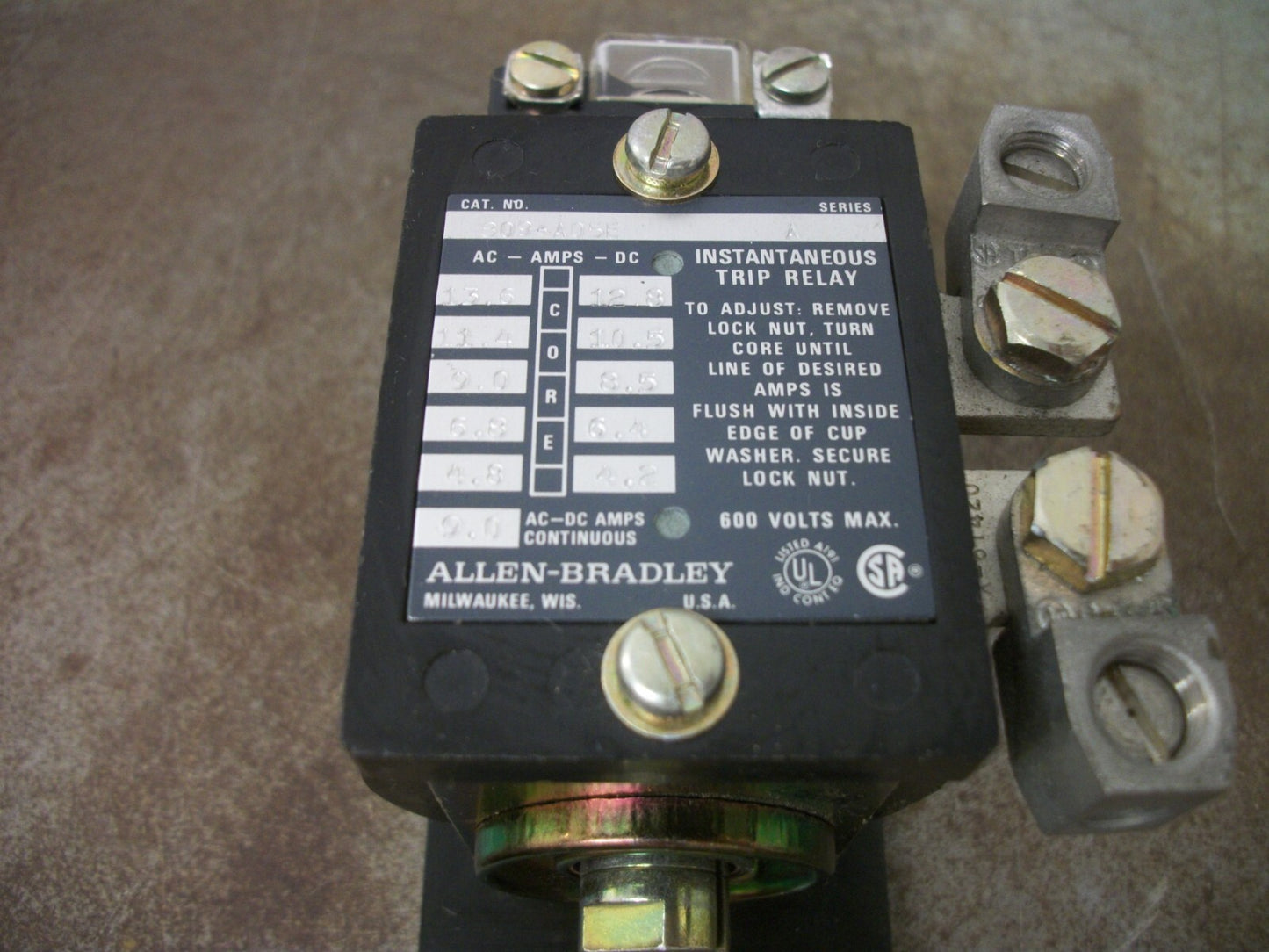 ALLEN-BRADLEY INSTANTANEOUS TRIP RELAY 809-A05E 9AMP 600VOLT NOB