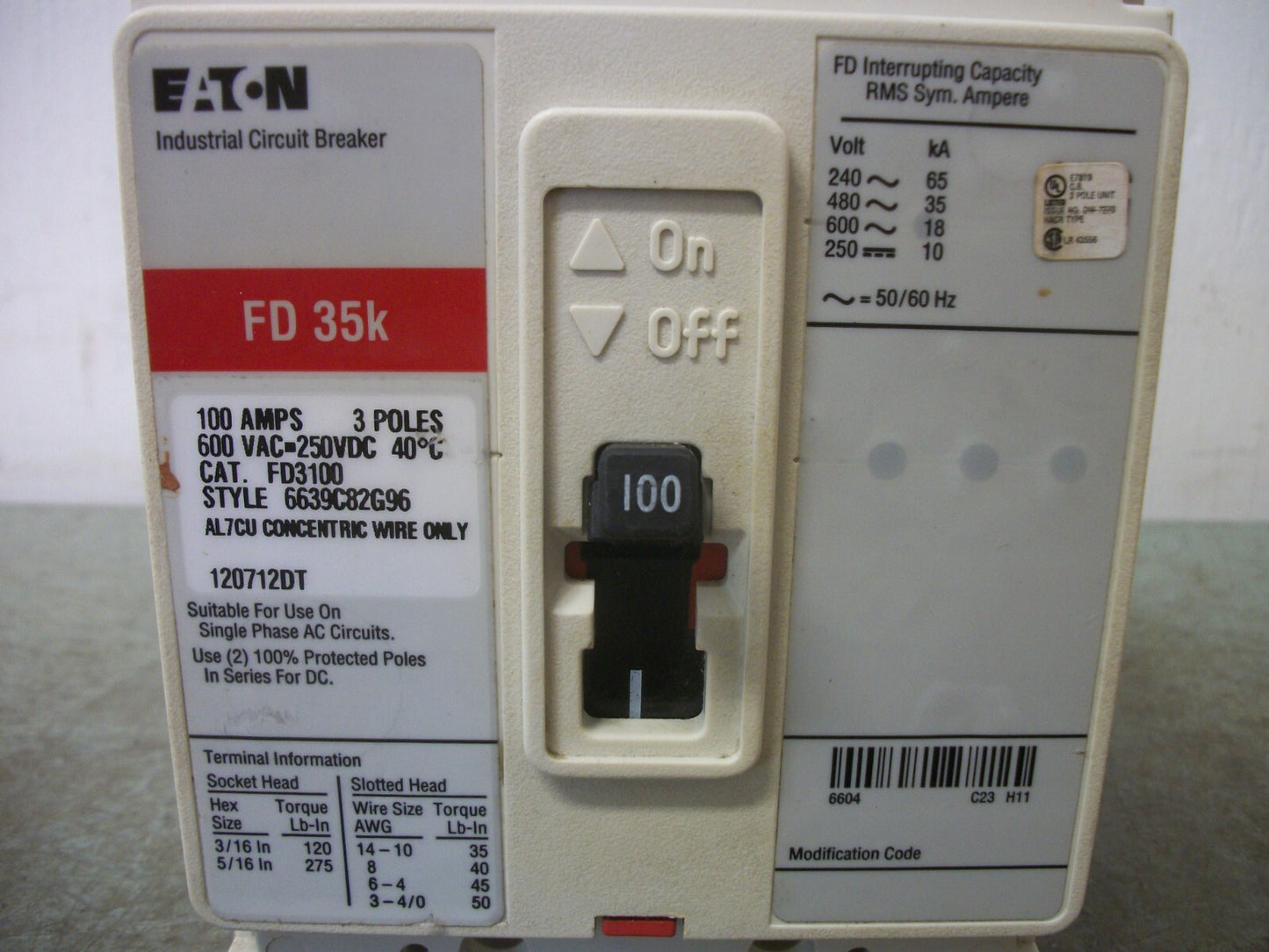 CUTLER-HAMMER FD CIRCUIT BREAKER FD3100 100AMP 600VOLT 3POLE RED NOB