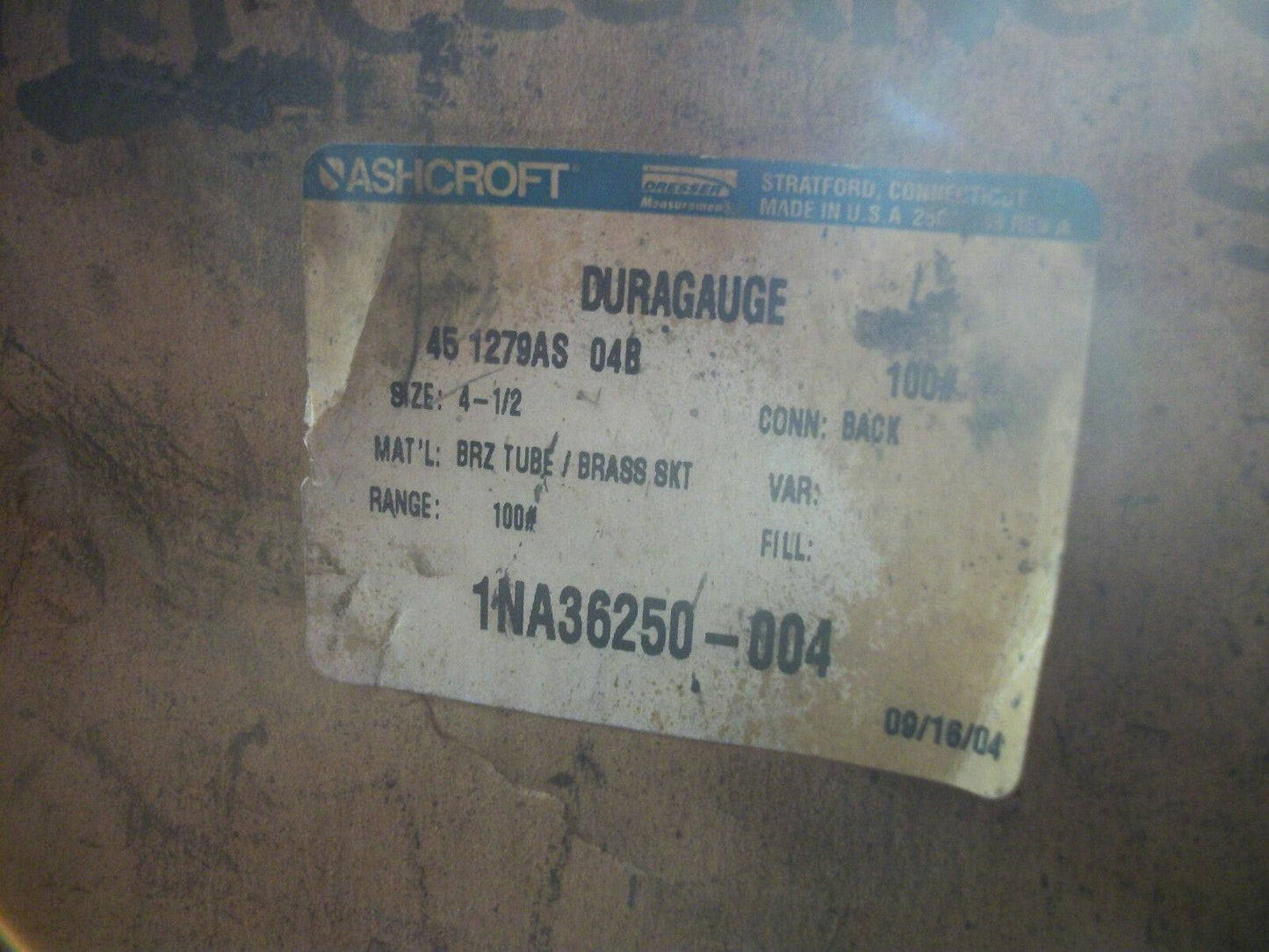 ASHCROFT DURAGAUGE 4-1/2" PRESSURE GAUGE 1NA36250-004 0-100PSI NIB