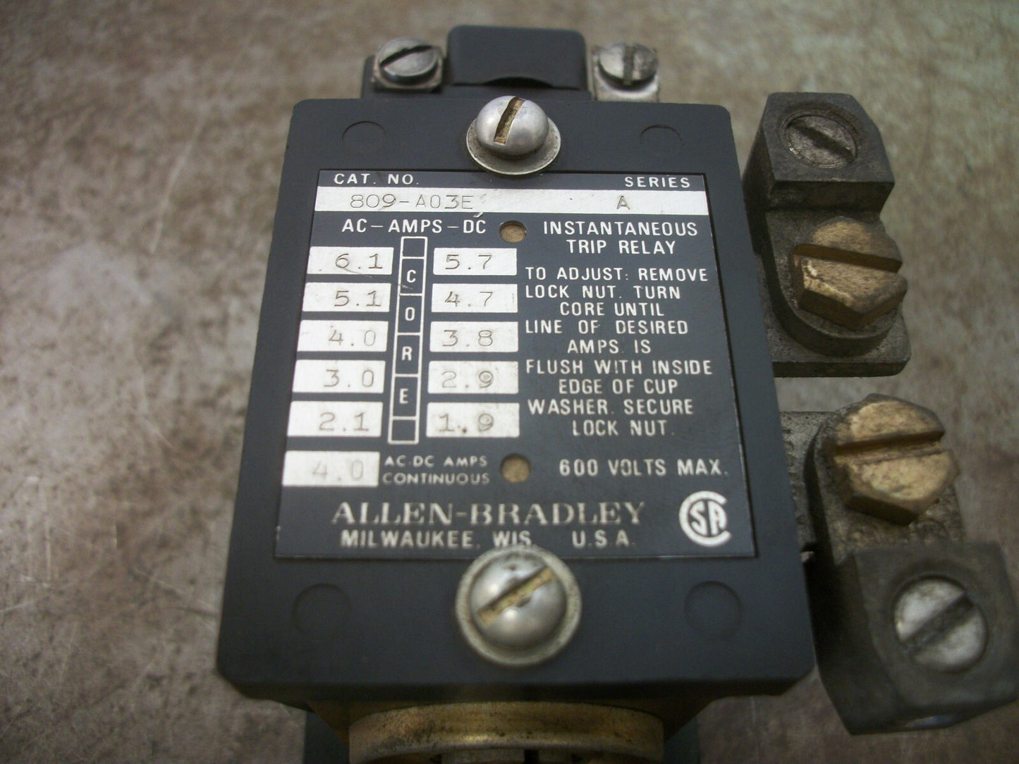 ALLEN-BRADLEY INSTANTANEOUS TRIP RELAY 809-A03E 4AMP 600VOLT