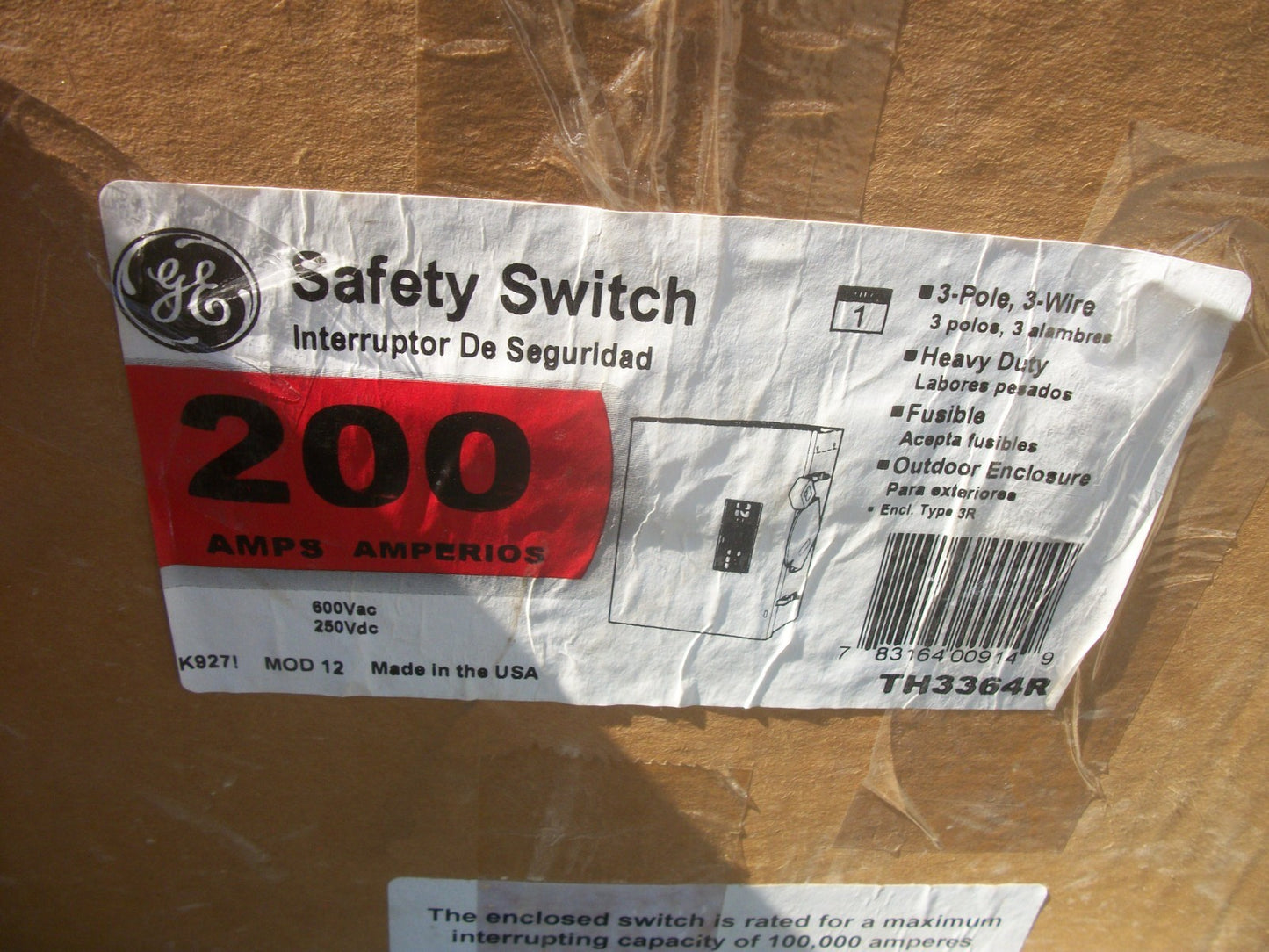 GE DISCONNECT TYPE 3R TH3364R 200AMP 600VOLT 3POLE FUSIBLE NIB