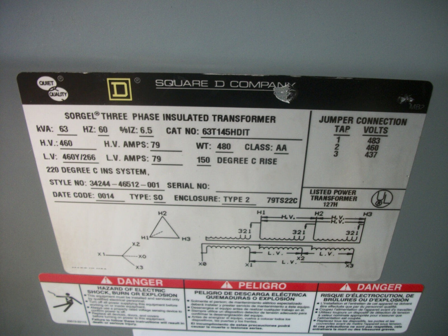 SQUARE D SORGEL 63KVA 3PH TRANSFORMER 63T145HDIT HV 460 LV 460Y/266