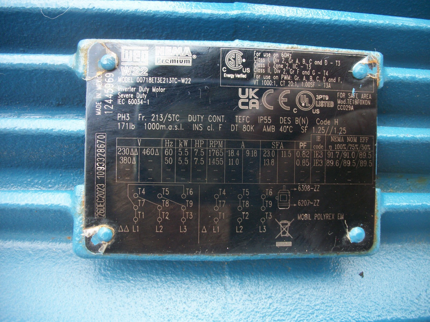 WEG 7.5HP 213/5TC TEFC AC MOTOR 00718ET3E213TC-W22 460VOLT 3PH 1765RPM NOB