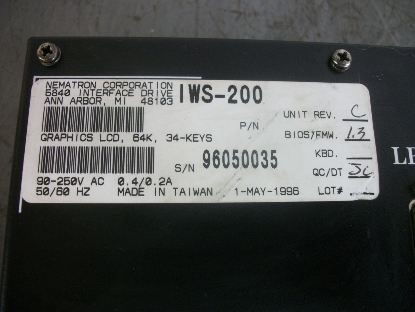 NEMATRON LCD 64K 34-KEY OPERATOR INTERFACE DISPLAY IWS-200