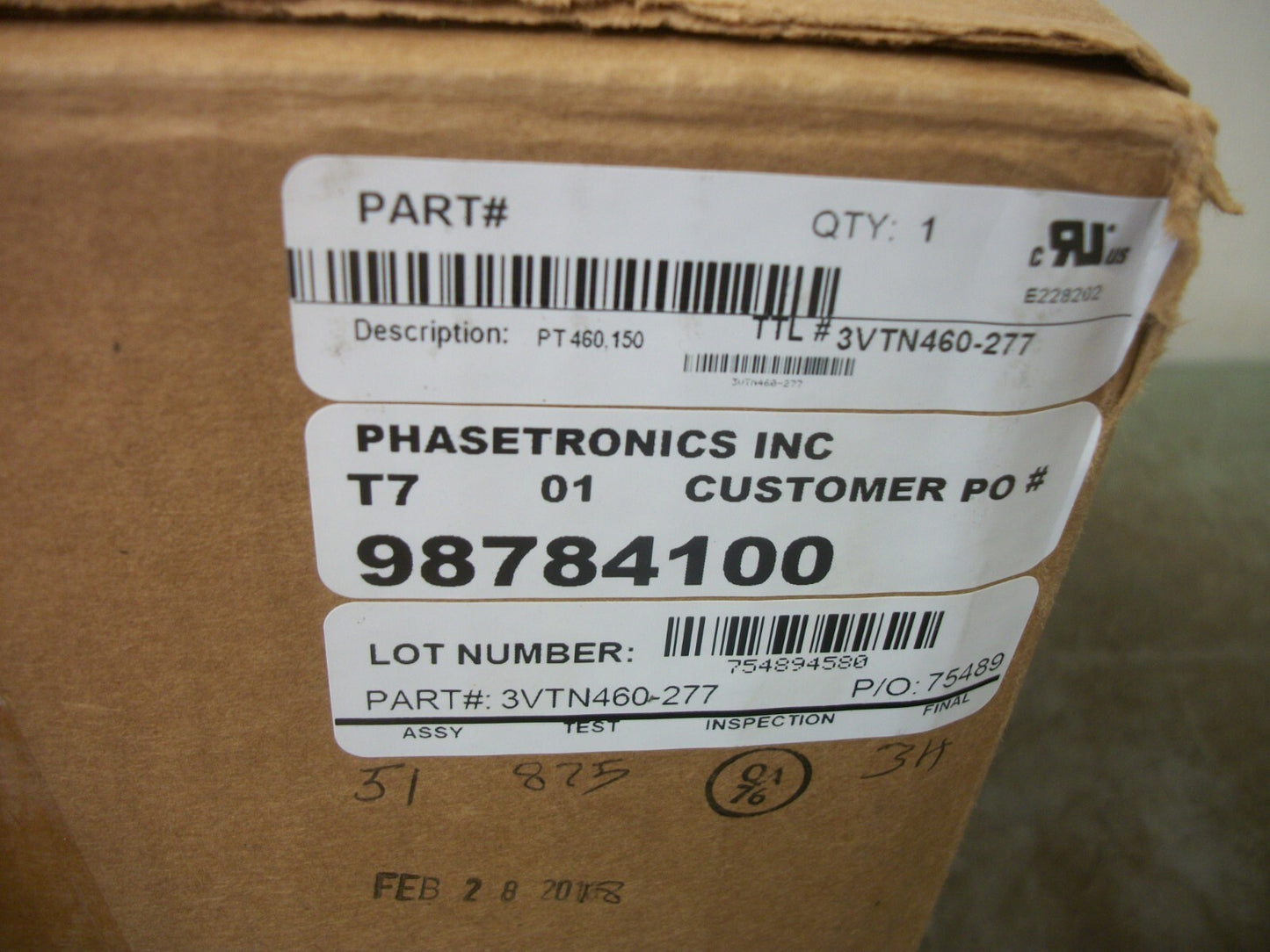 PHASETRONICS 2.31:1 RATIO VOLTAGE TRANSFORMER 3VTN460-277 NIB