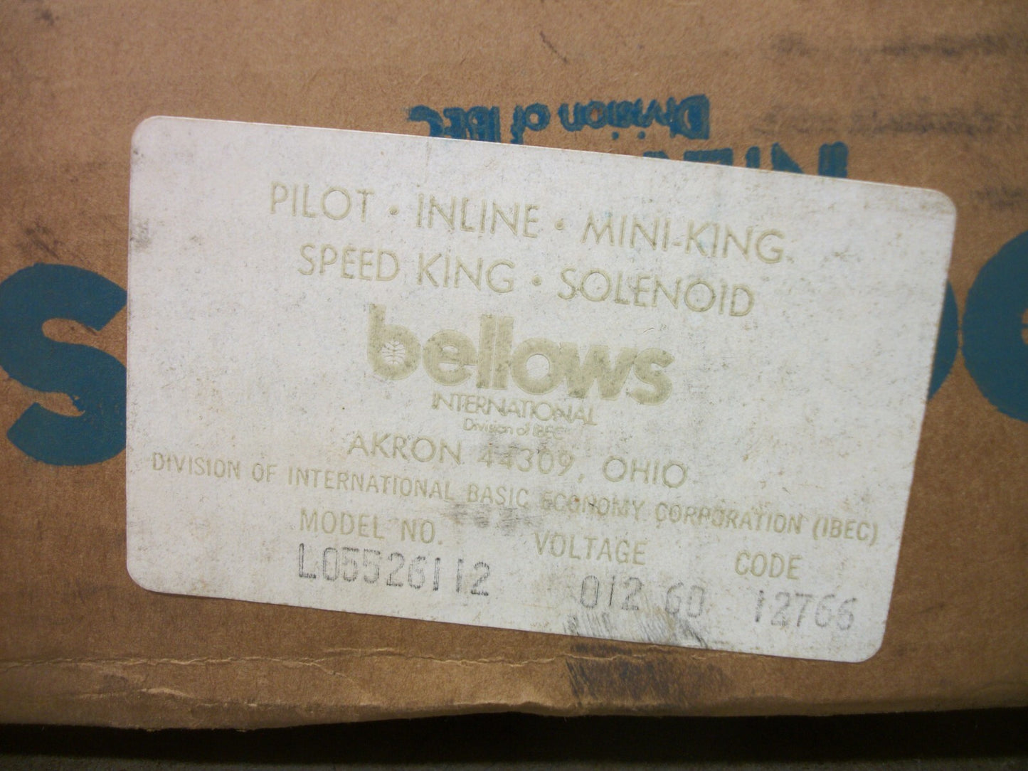 BELLOWS VALVAIR SPEED KING PILOT VALVE L05526112 NIB