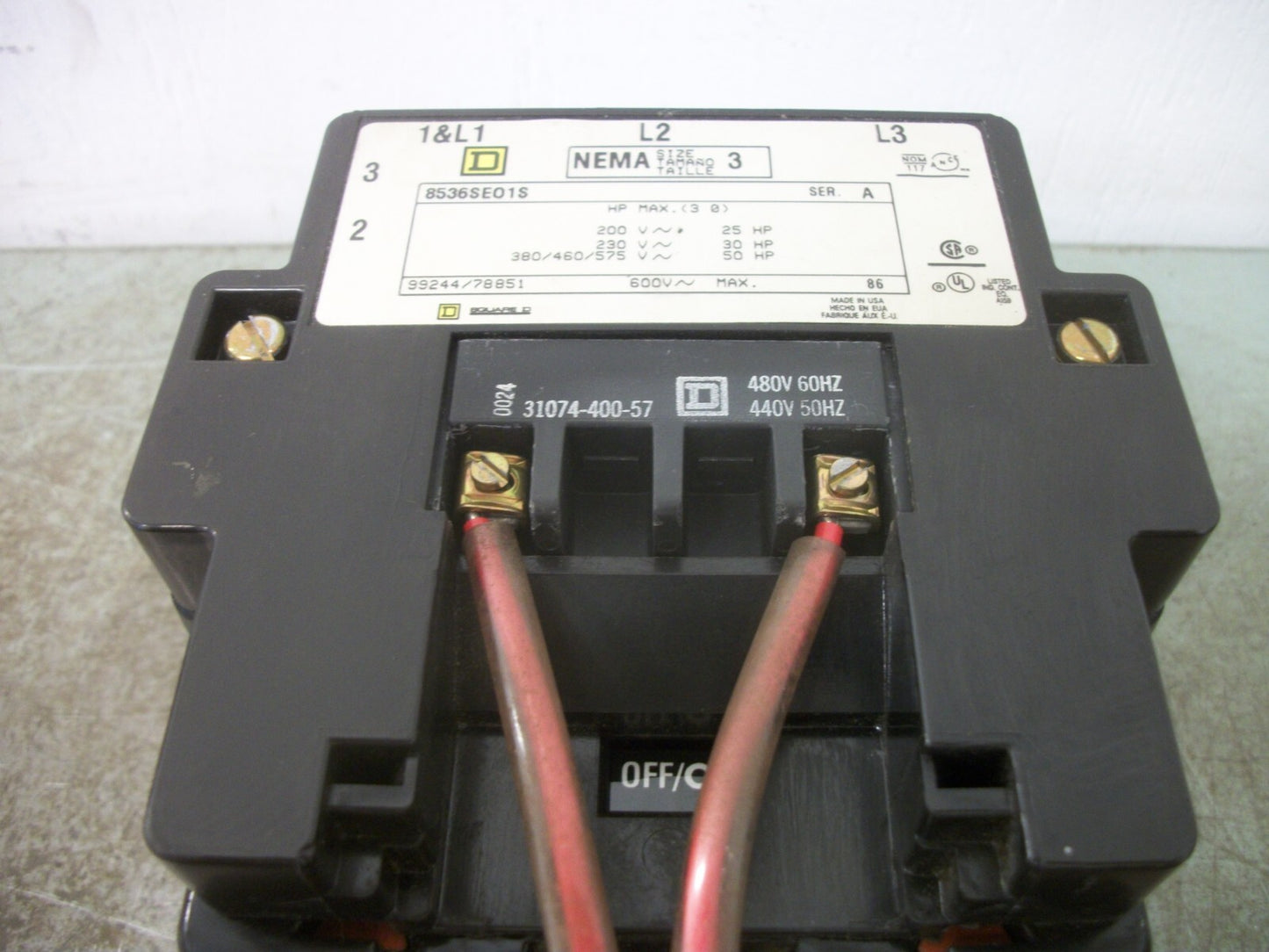 SQUARE D SIZE 3 MOTOR STARTER 8536SEO1S 480VCOIL 3PH 600V 50HP