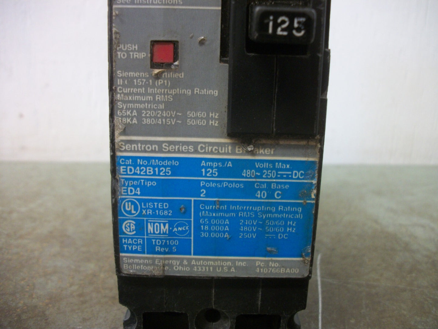 SIEMENS SENTRON ED4 CIRCUIT BREAKER ED42B125 125AMP 480VOLT 2POLE