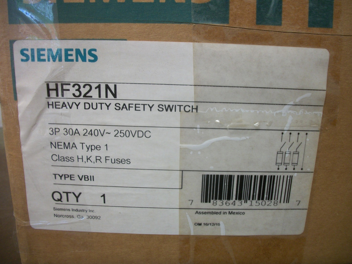 SIEMENS DISCONNECT TYPE 1 HF321N 30AMP 240VOLT 3POLE FUSIBLE NIB
