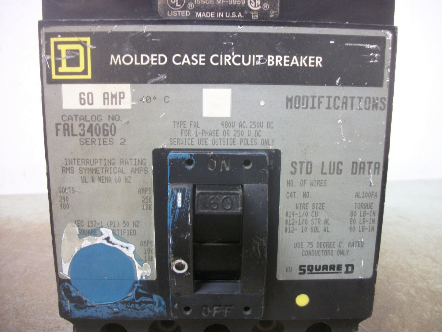 SQUARE D FAL CIRCUIT BREAKER FAL34060 60AMP 480VOLT 3POLE GRAY