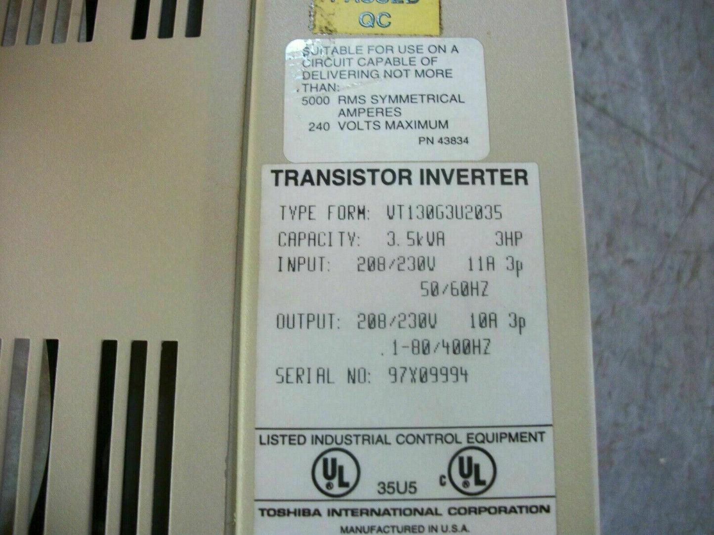 TOSHIBA G3 TOSVERT-130 3HP TRANSISTOR INVERTER DRIVE VT130G3U2035 3.5kVA 230V