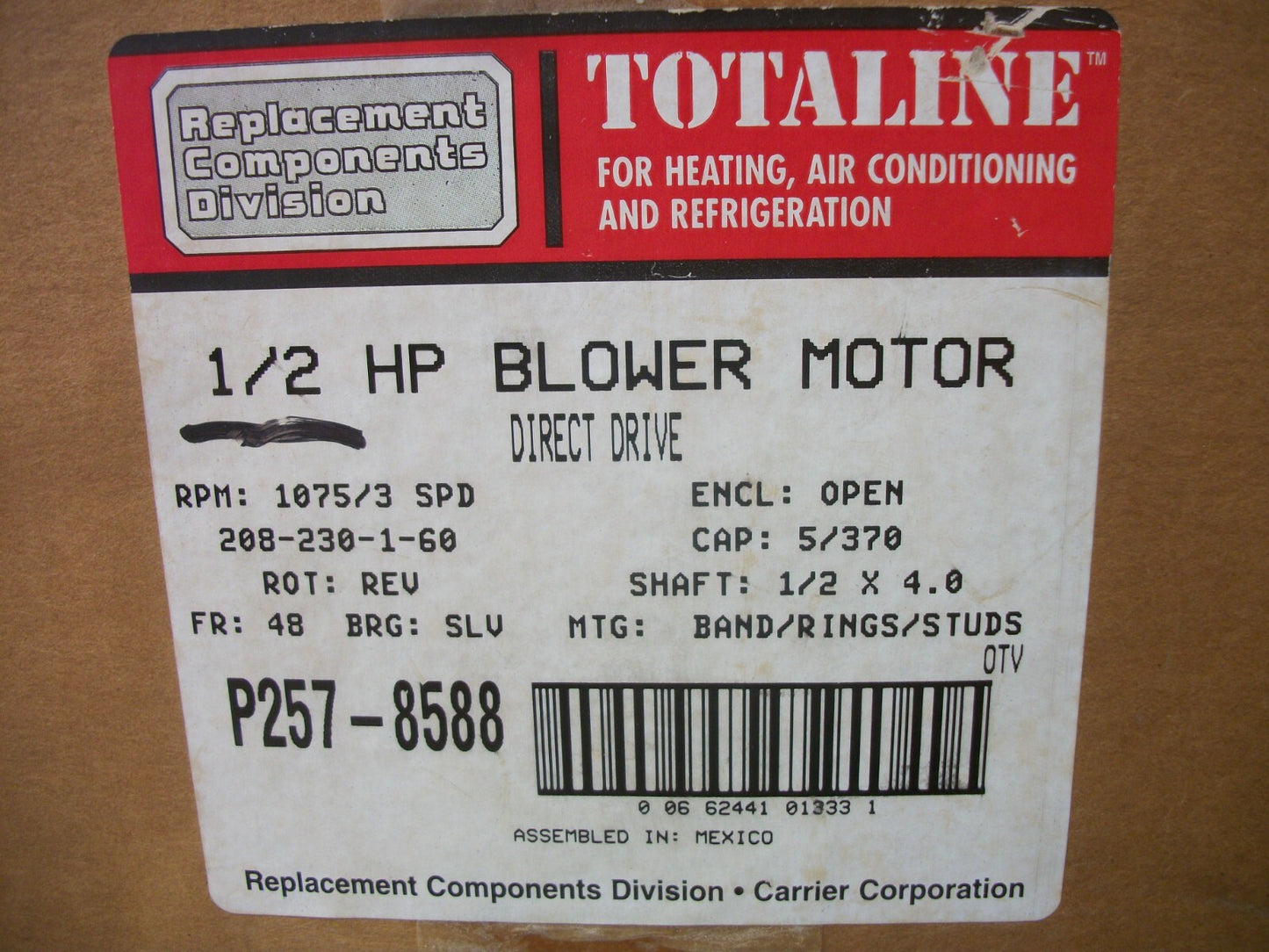 GE TOTALINE 1/2HP BLOWER MOTOR P257-8588 230VOLT 1PH 1075RPM NIB