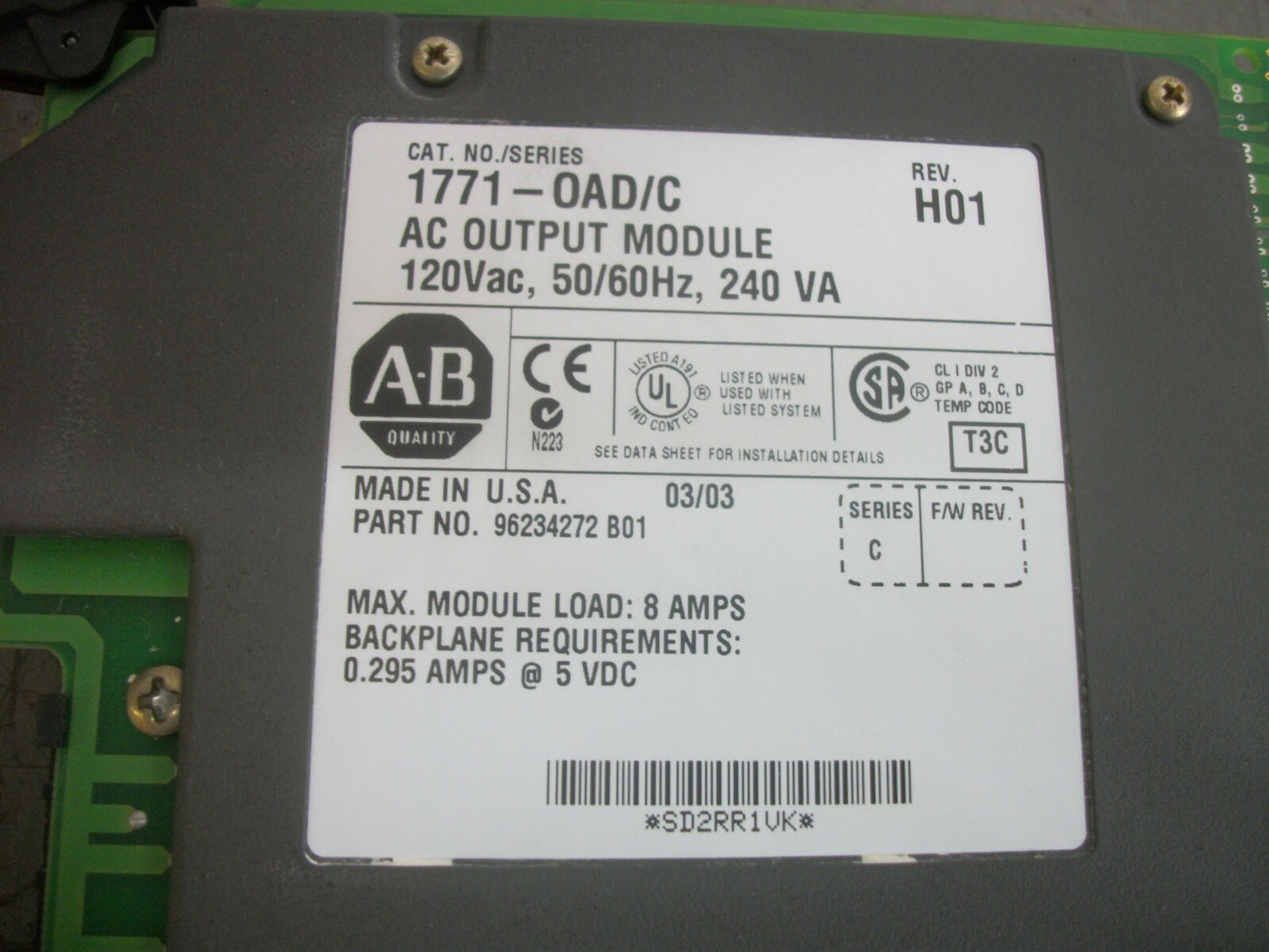 ALLEN-BRADLEY 120VAC 240VA AC OUTPUT MODULE 1771-OAD/C