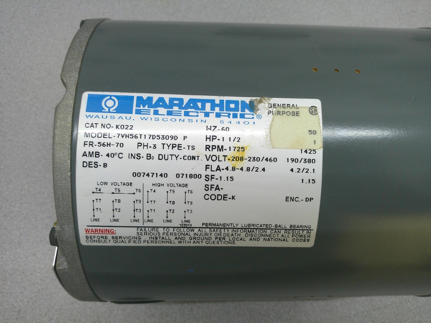 MARATHON ELECTRIC 1.5HP 56H-70 DP AC MOTOR K022 460VOLT 3PH 1725RPM NOB