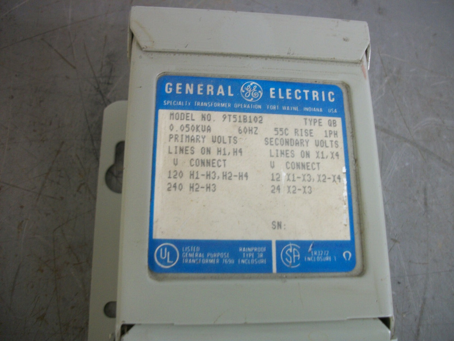 GE 0.050KVA 1PH TRANSFORMER 9T51B102 HV 120X240 LV 120/24 NOB